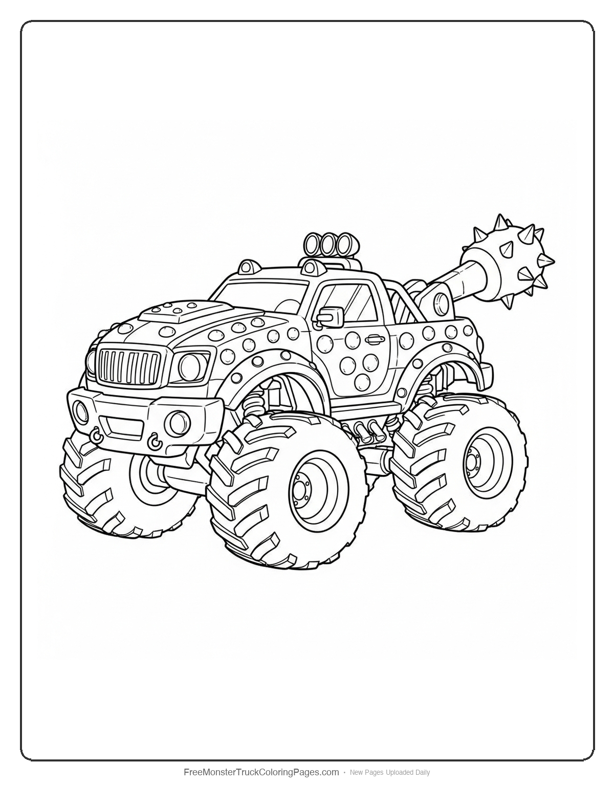 Black and white coloring page of a monster truck covered in armor plating with a large club attachment on the rear