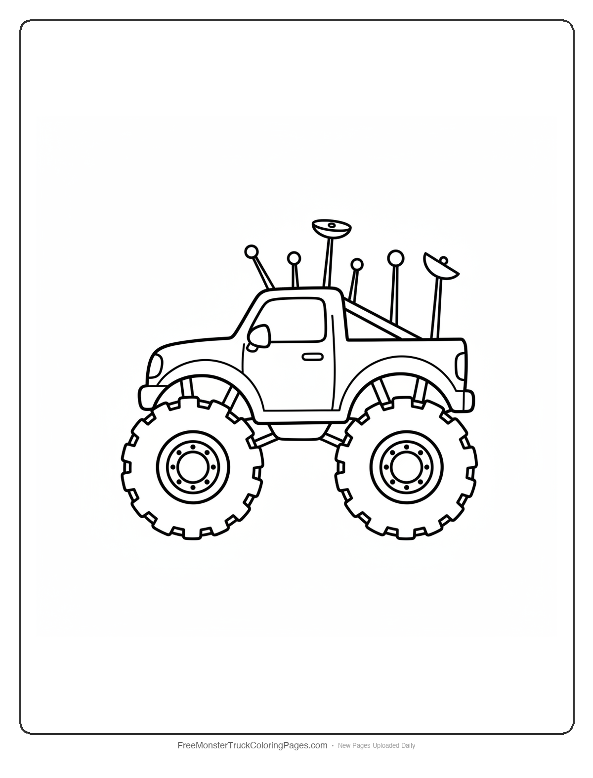 Black and white coloring page of a simple monster truck with multiple different antenna shapes sticking up from the roof