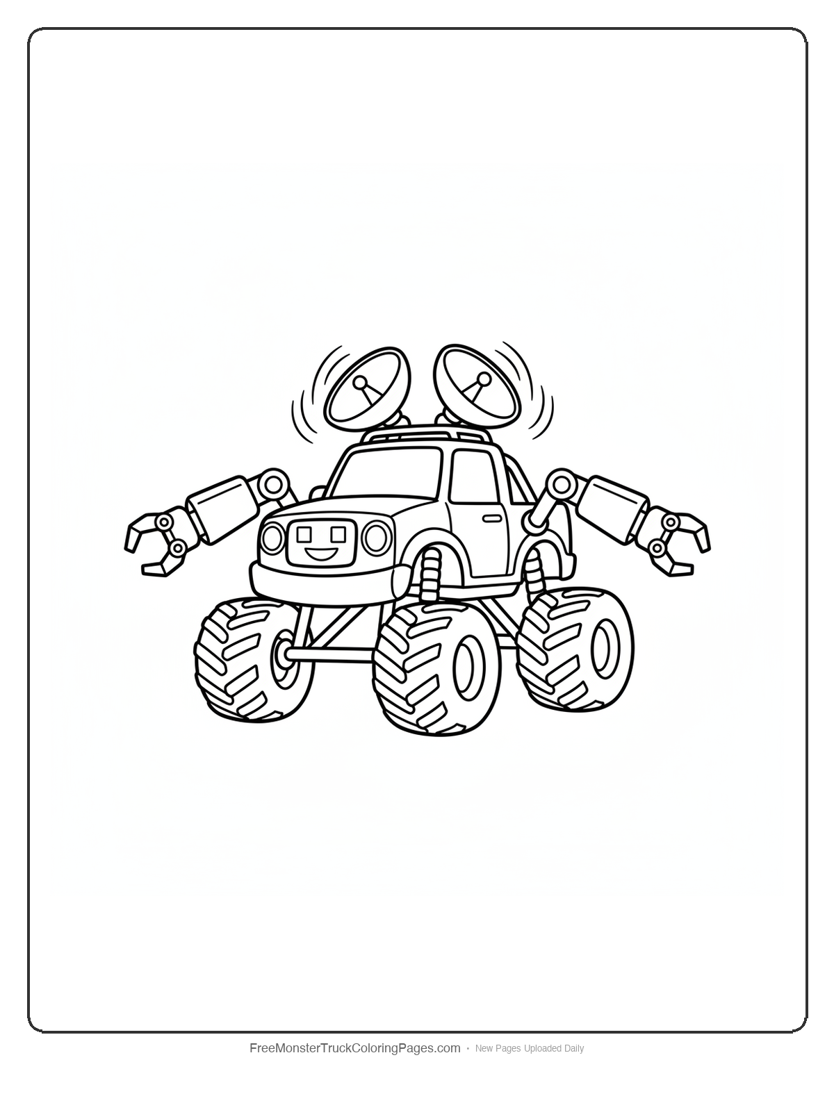 Monster truck coloring page with robot features including antennas, mechanical arms, and digital display face