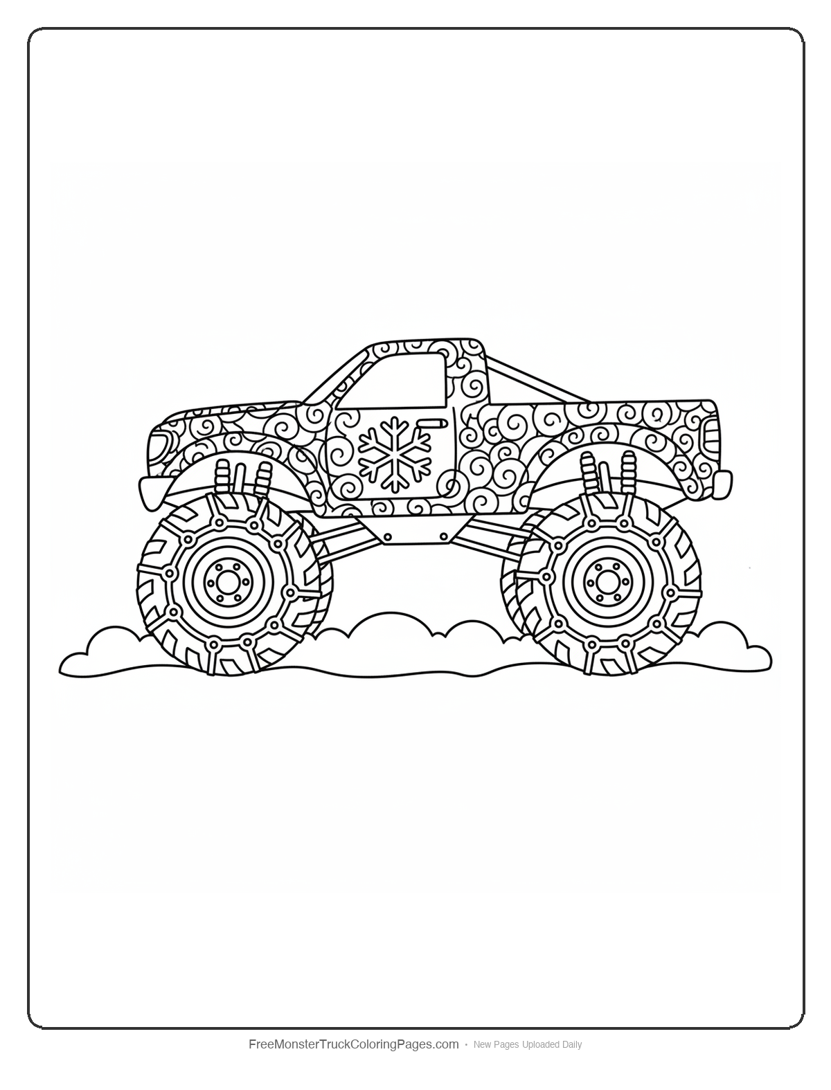 Black and white coloring page of a monster truck with wolf fur patterns and snowflake decorations driving through snow