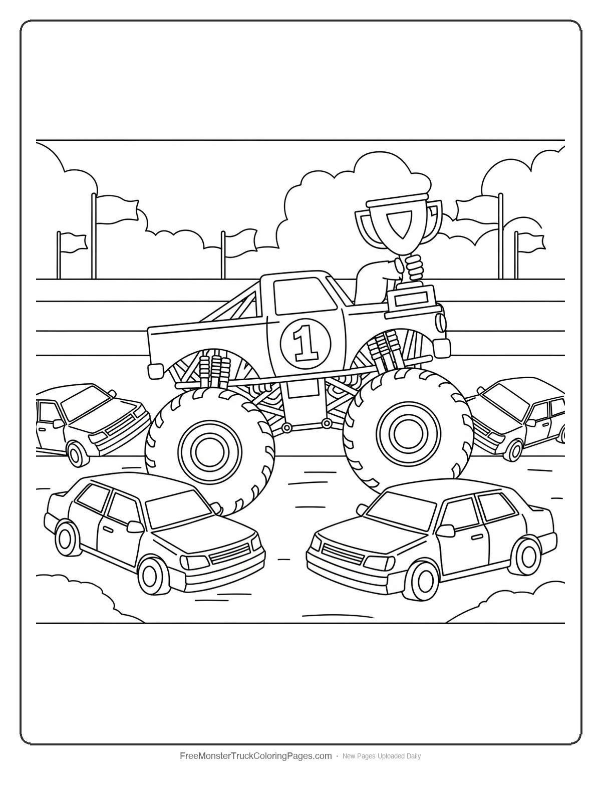 Black and white coloring page of a monster truck holding a trophy surrounded by crushed cars in an arena