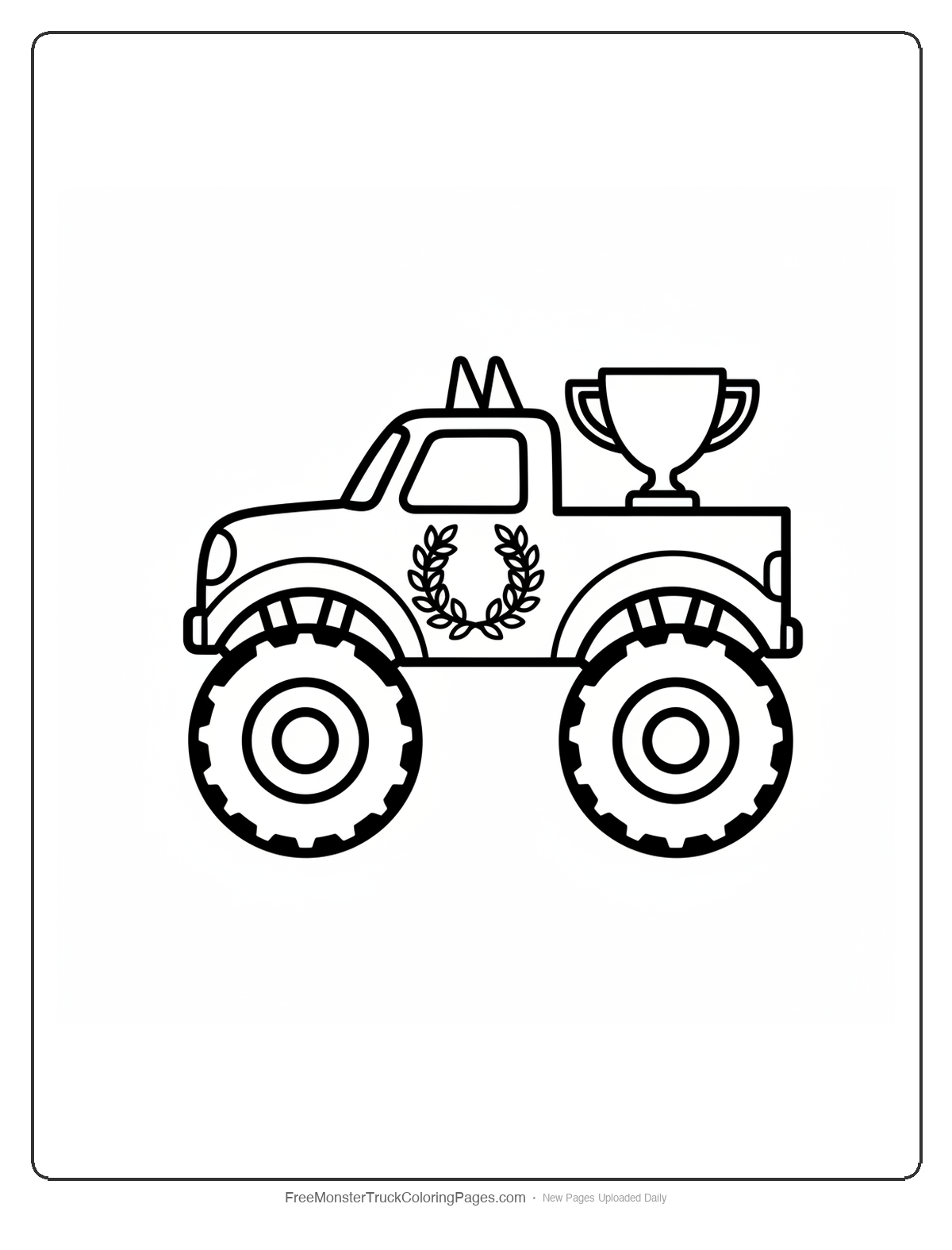 Black and white coloring page of a simple monster truck with a laurel wreath grille, horns on the roof, and a trophy in the bed