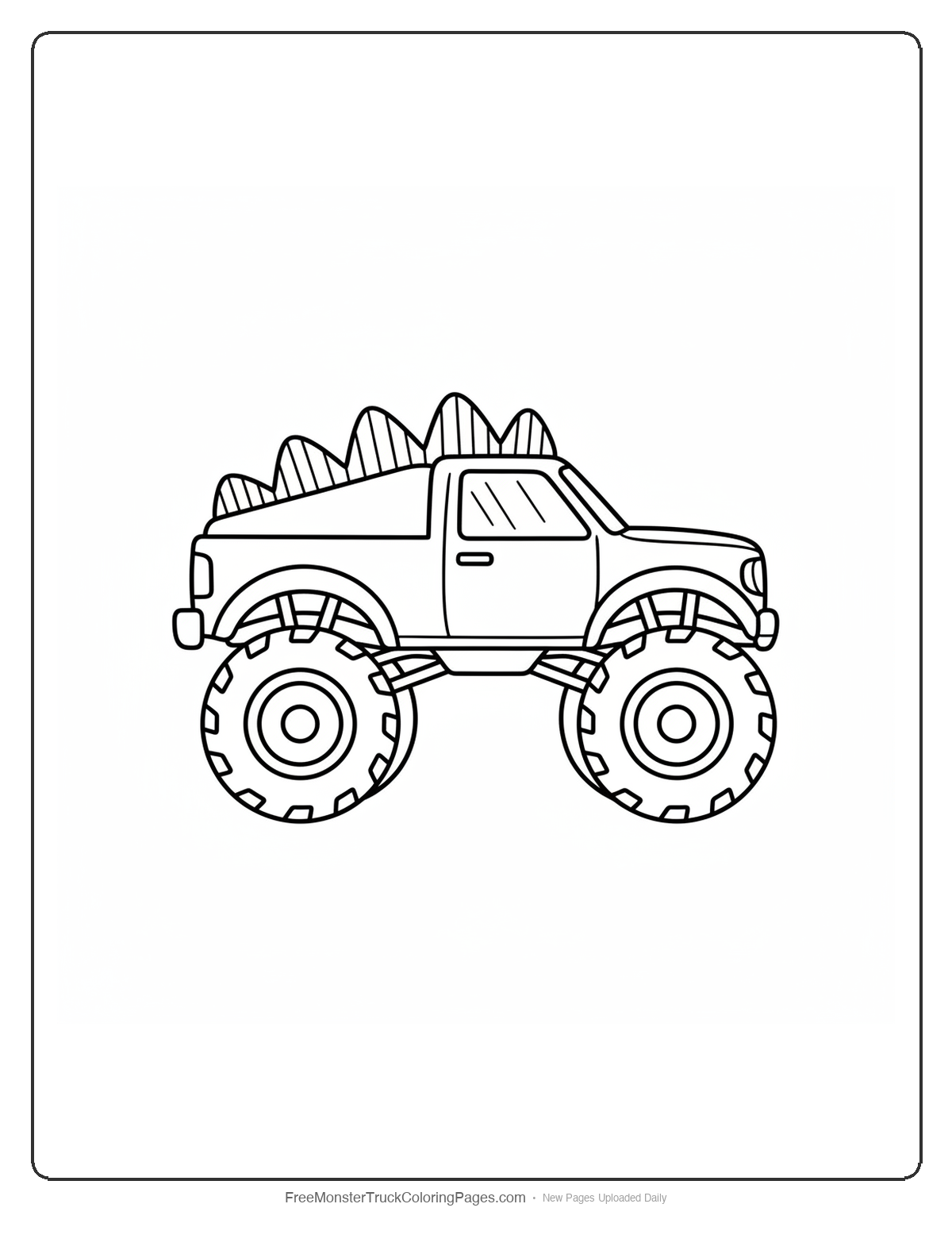 Black and white coloring page of a monster truck with raised crocodile spine ridge bumps running along the entire cab roof from front to back