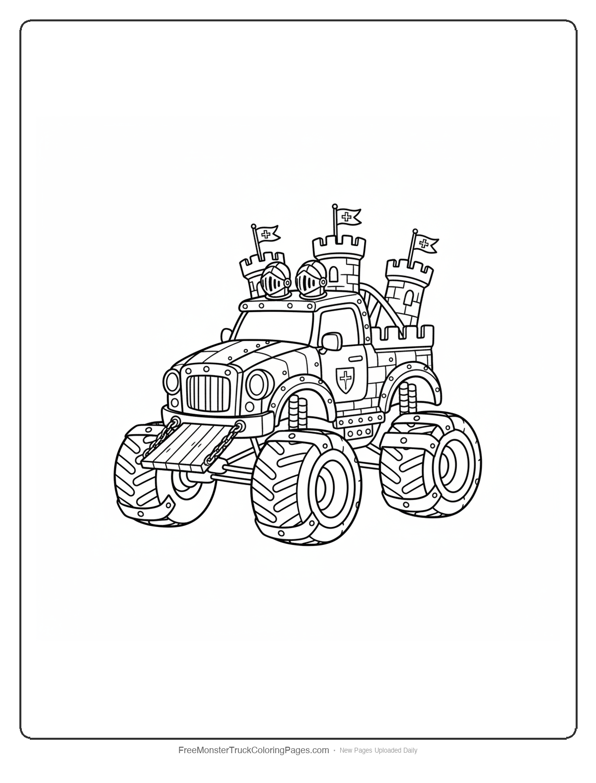 Highly detailed coloring page of a monster truck designed as a complete medieval fortress with armor plating, towers, and complex architectural details