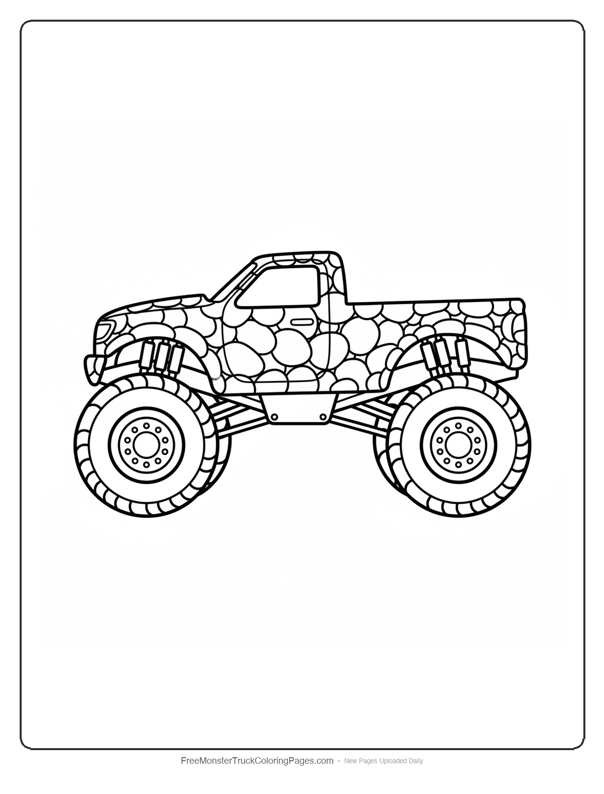 Black and white coloring page of a monster truck with body panels covered in thick rhino skin fold armor shapes