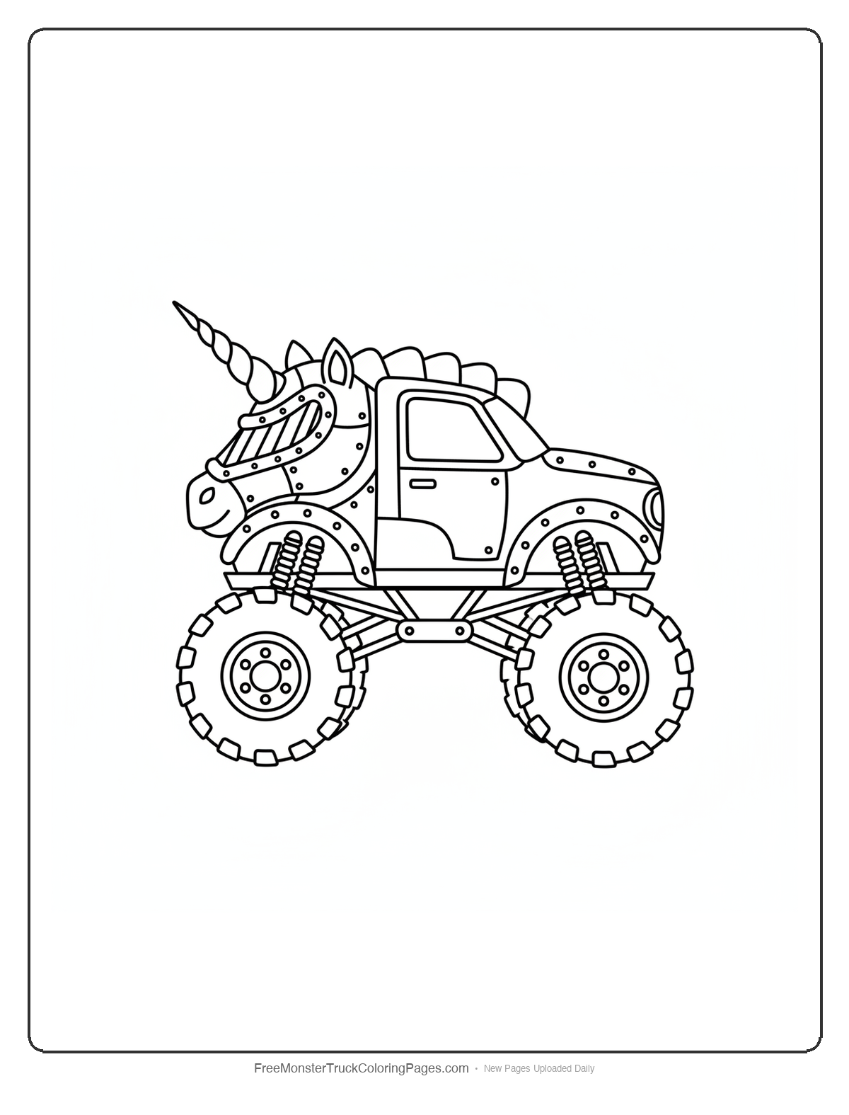 Black and white coloring page of a monster truck with the cab shaped like an armored unicorn head with a visor and horn on top
