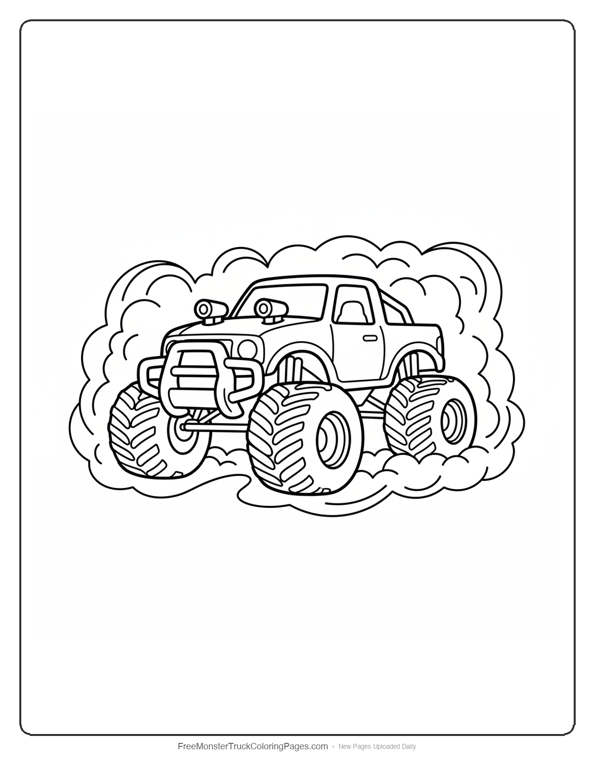 Monster truck coloring page surrounded by swirling volcanic ash cloud patterns with air filter details
