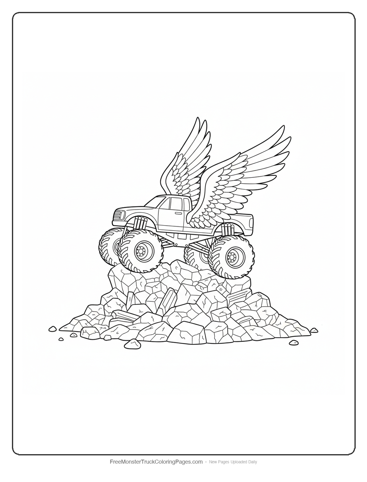 Black and white coloring page of a monster truck rising from rubble with large phoenix wings unfolding from the sides