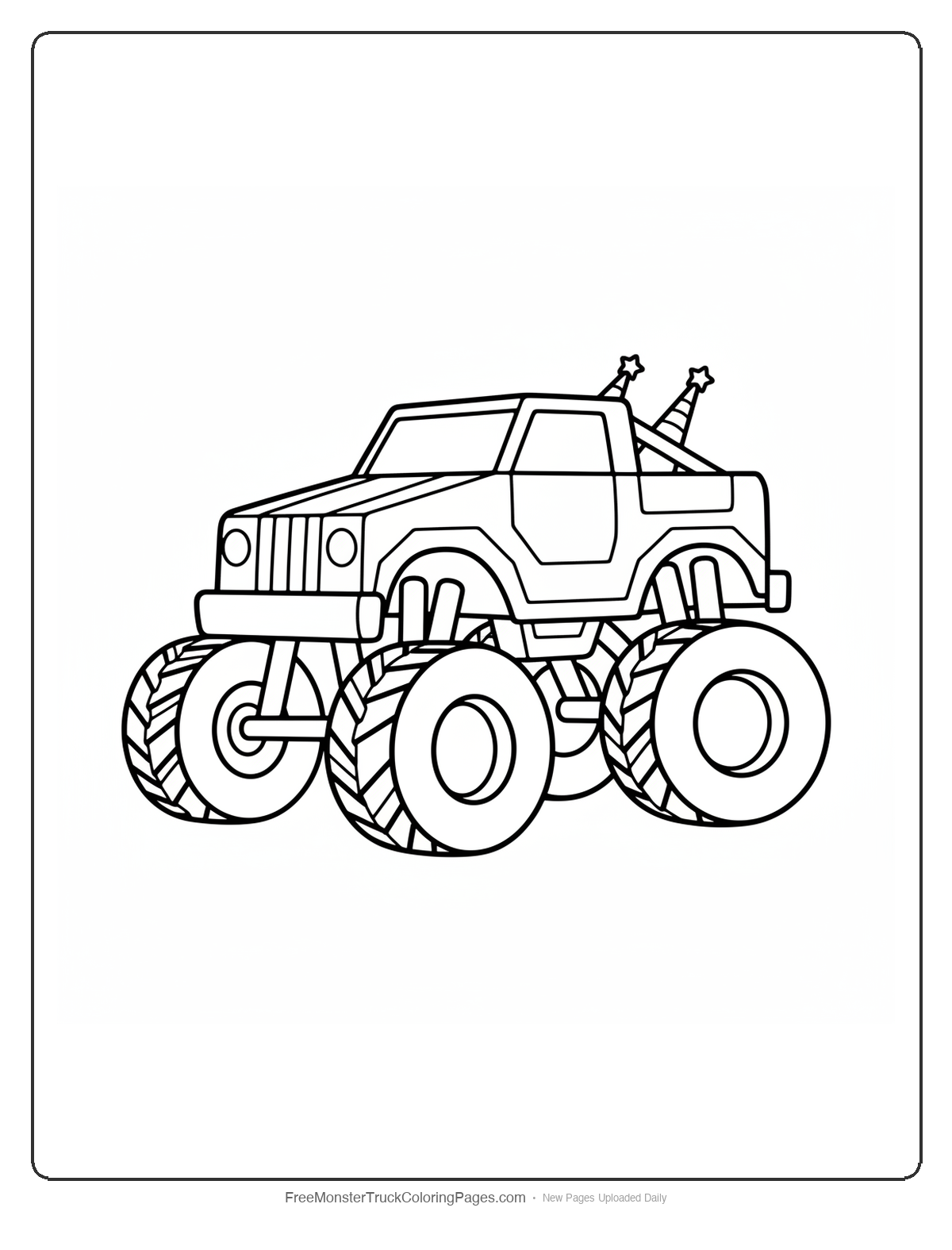 Black and white coloring page of a monster truck with armor plating and large wheels designed for crushing asteroids in space