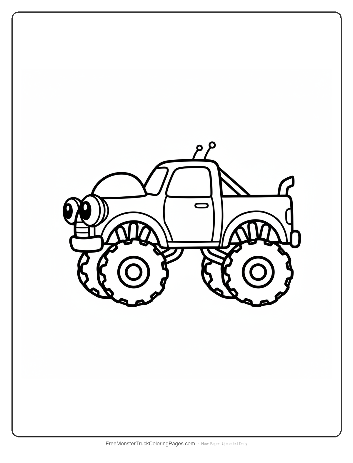 Black and white coloring page of a simple cute monster truck with big oval alien eyes, two small antennas on the roof, and a round head shape on the hood