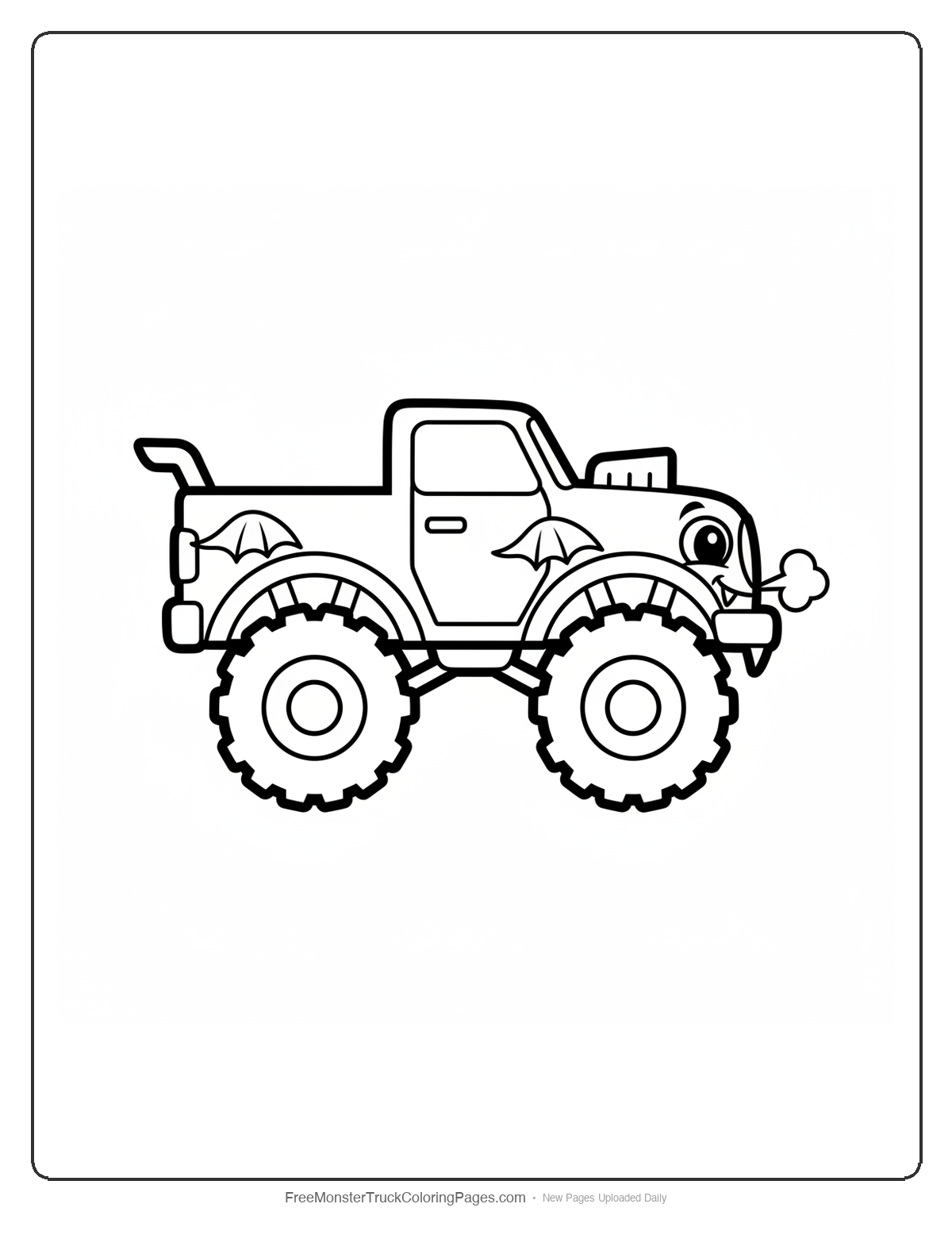 Black and white coloring page of a simple cute monster truck with small rounded bat wings on the fenders, big round eyes, and tiny fangs on the bumper