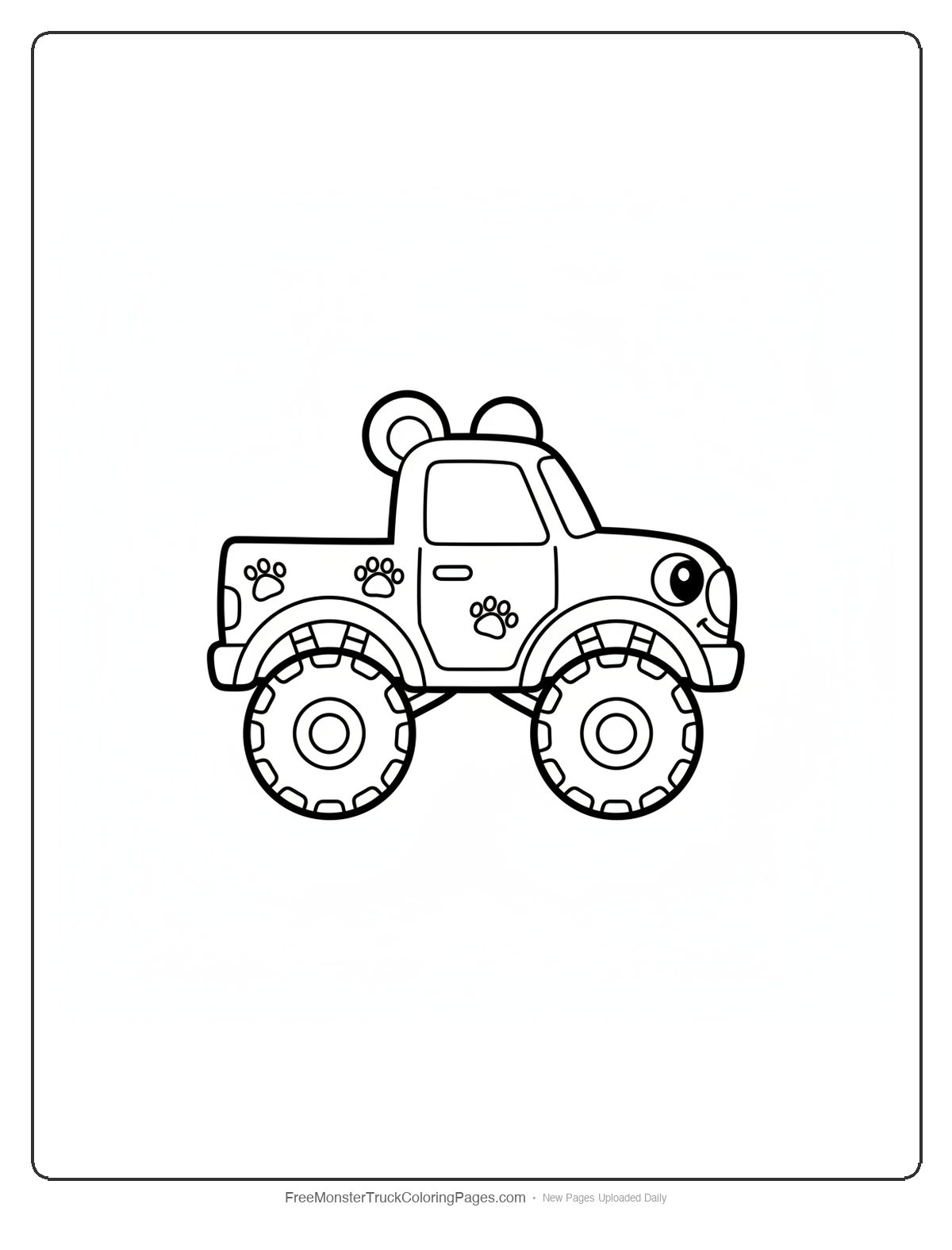 Black and white coloring page of a simple cute monster truck with round bear ears and a big bear nose