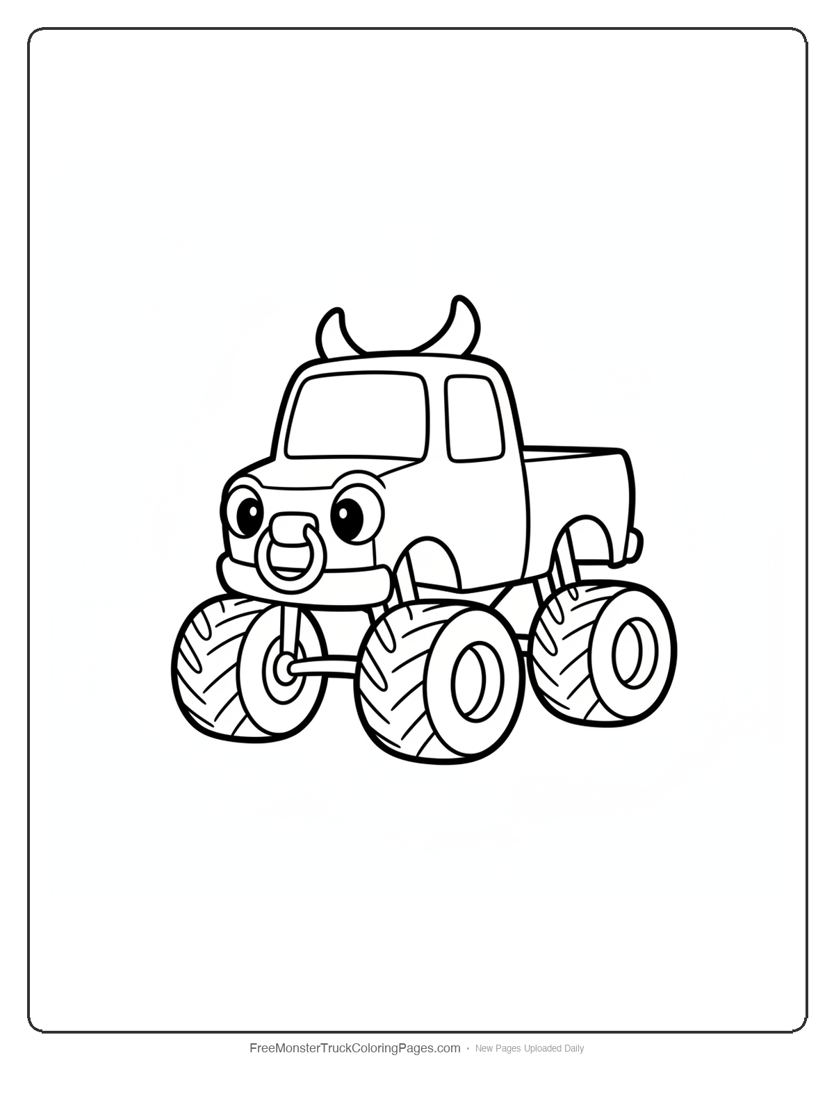 Black and white coloring page of a simple cute monster truck with two small horns on the roof, a ring-shaped bumper, and big round eyes