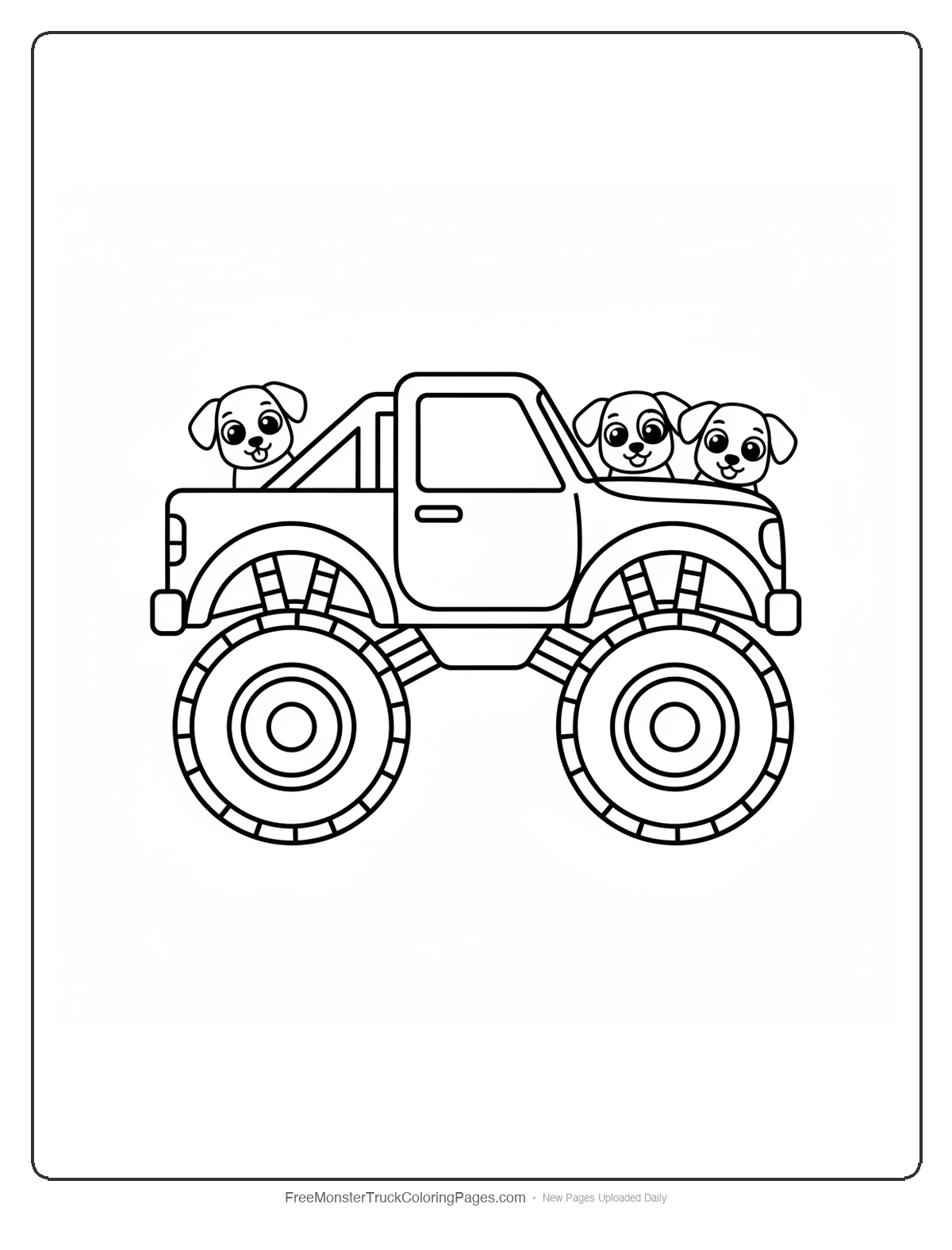 Black and white coloring page of a simple cute monster truck with three small puppy heads on the hood with big eyes and floppy ears
