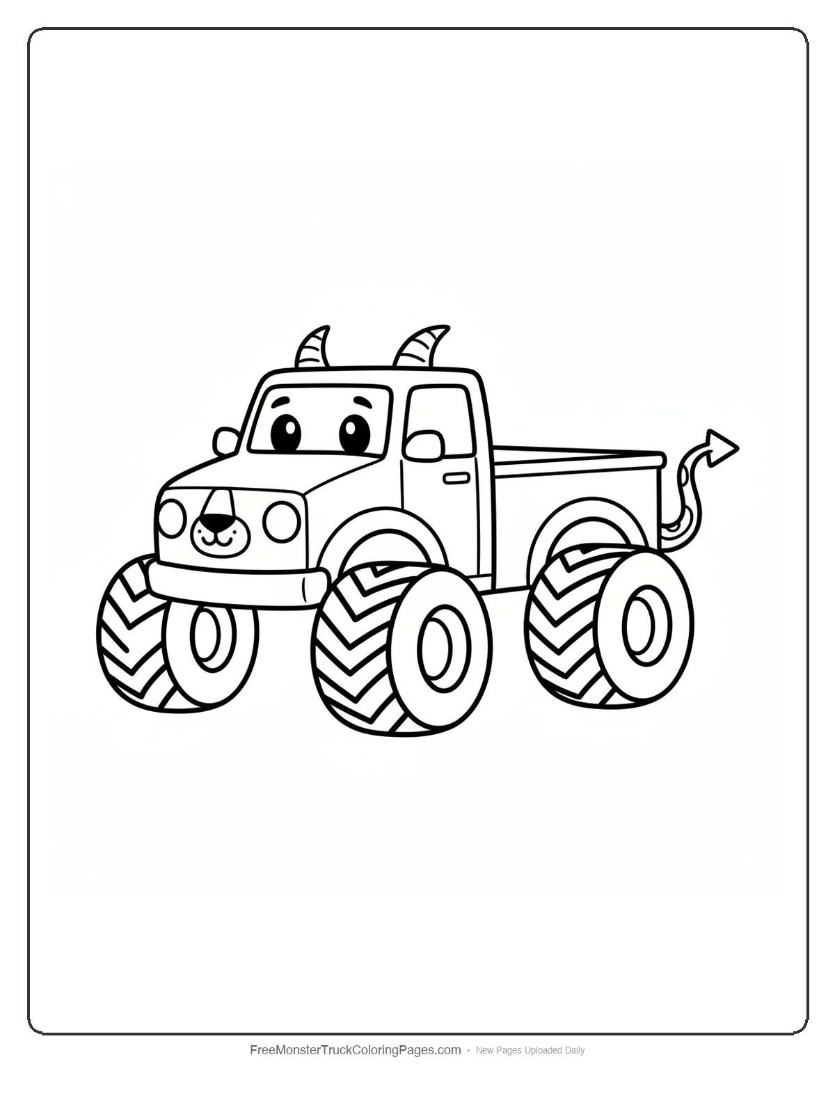 Black and white coloring page of a simple cute monster truck with lion nose, goat horns, and snake tail