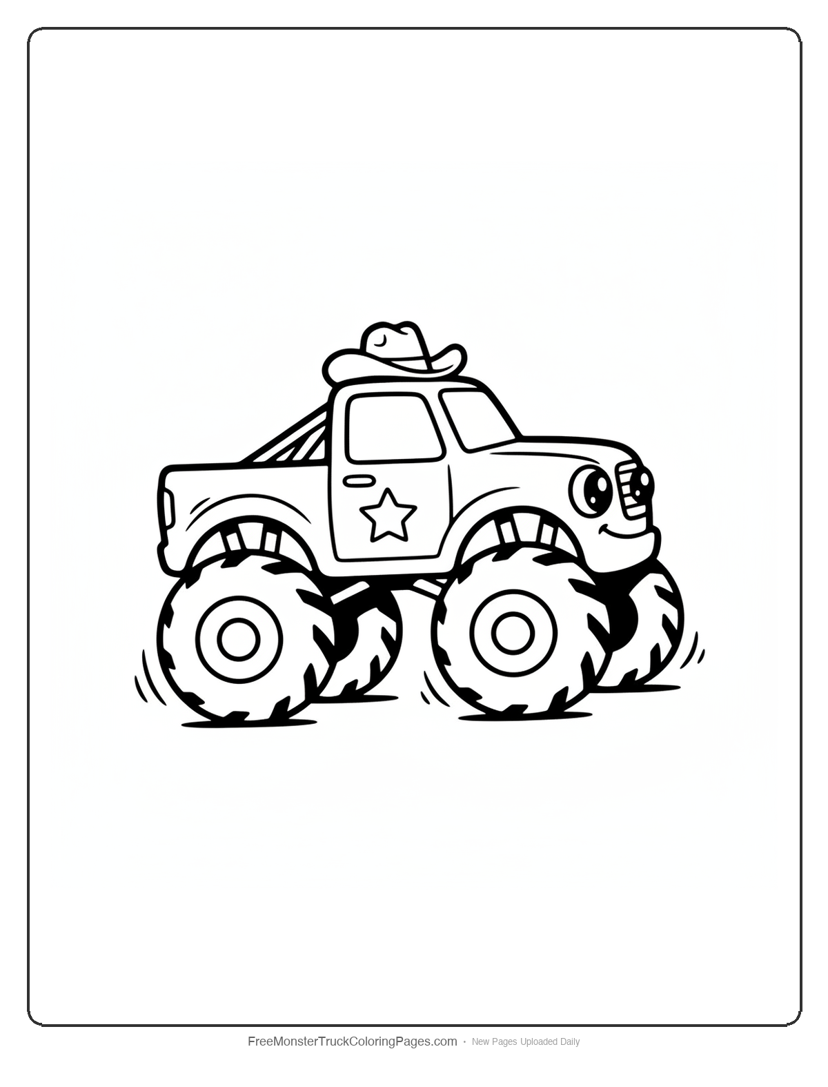 Black and white coloring page of a simple cute monster truck with a small cowboy hat on the roof and a sheriff star on the door