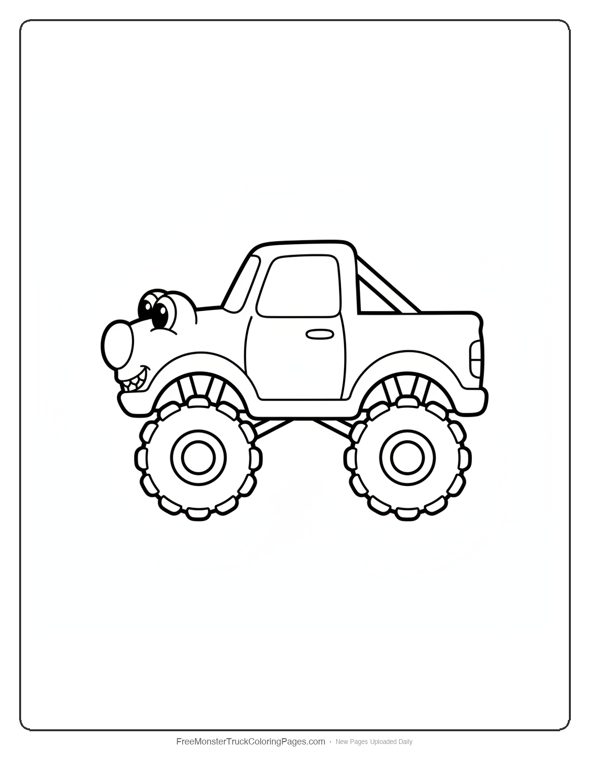Black and white coloring page of a simple cute monster truck with a small snout on the front, round eyes on the hood, and tiny teeth on the bumper