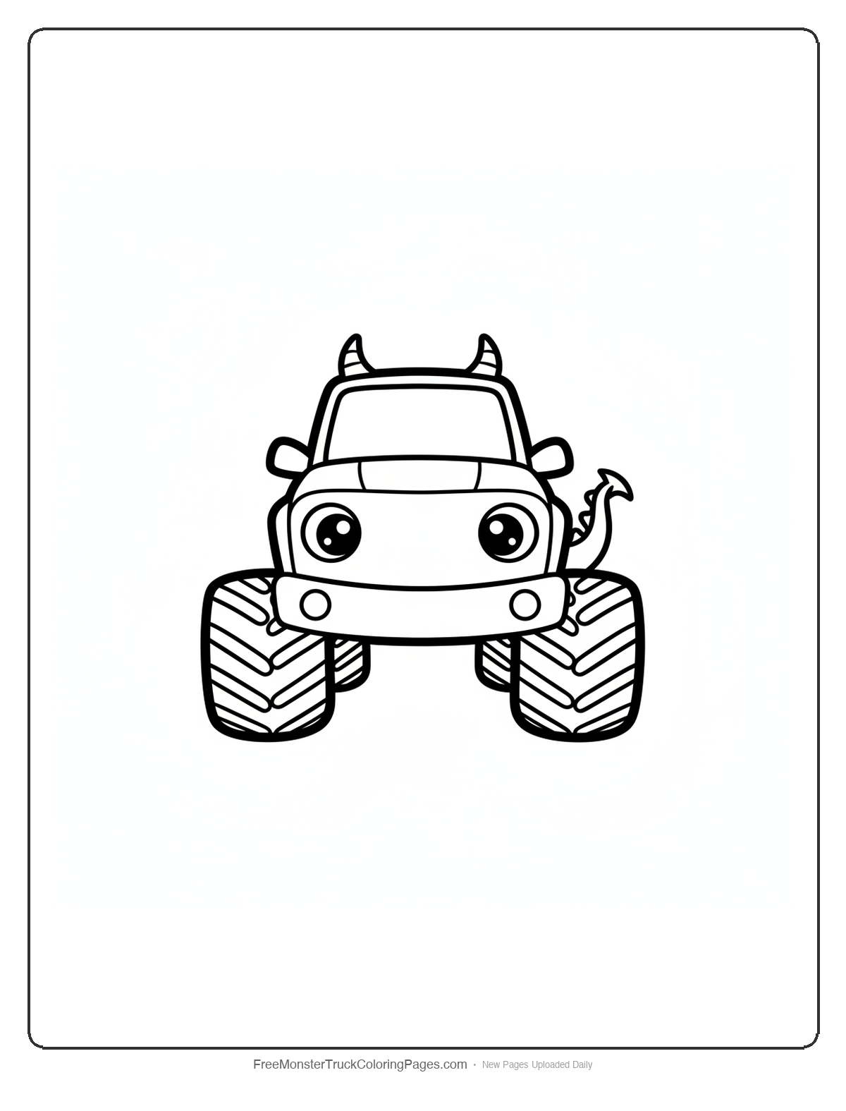 Black and white coloring page of a simple cute cartoon monster truck with small dragon horns and friendly eyes