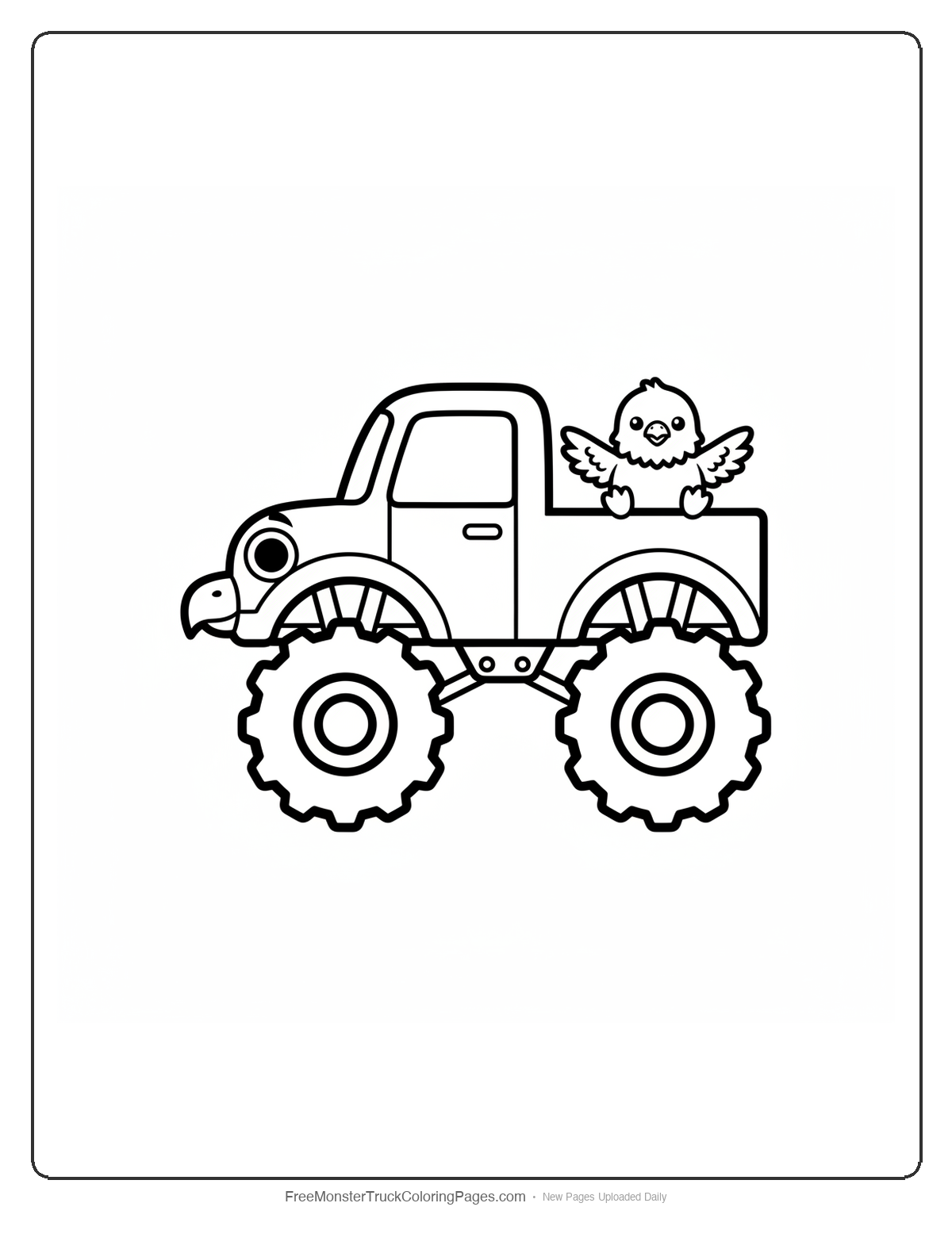 Black and white coloring page of a simple monster truck with a cute baby eagle sitting in the truck bed
