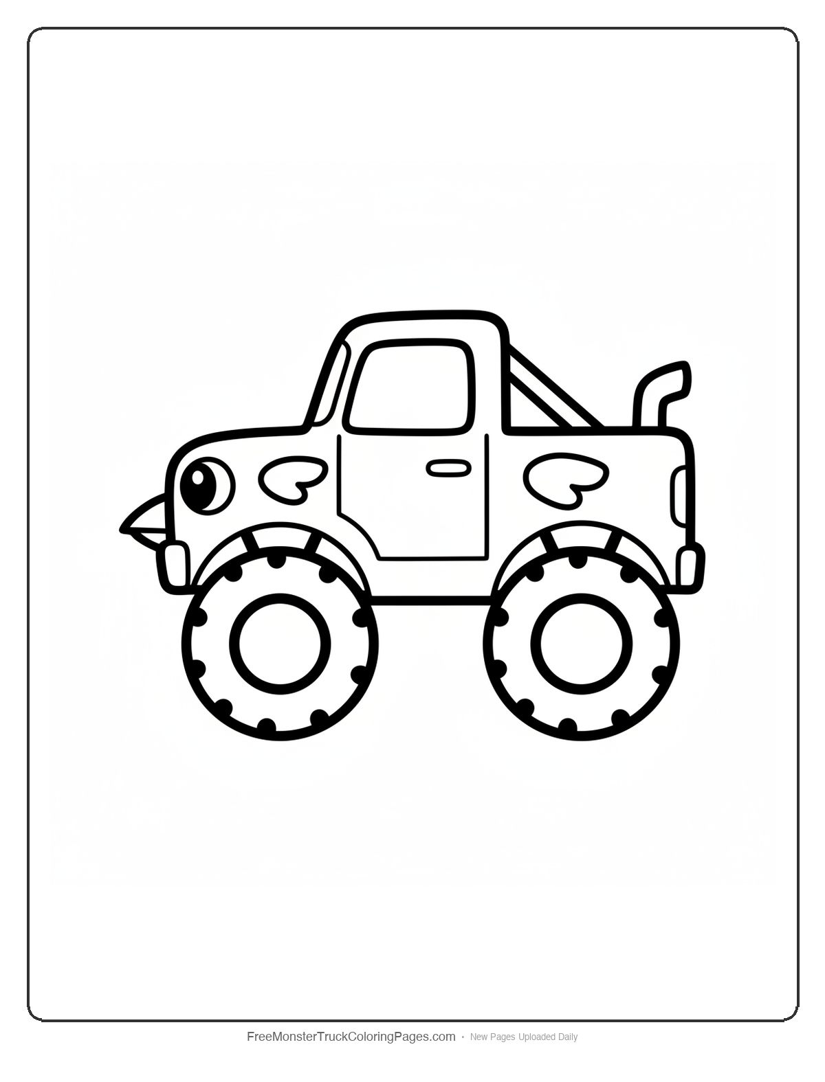 Black and white coloring page of a simple cute monster truck with a small beak on the front and tiny wing mirrors