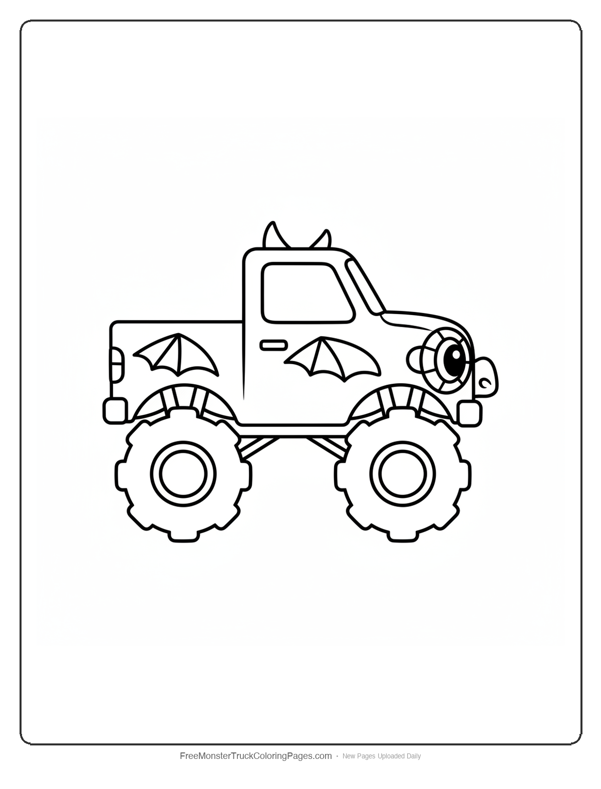 Black and white coloring page of a simple cute monster truck with small horns, bat wings on fenders, and round stone eyes