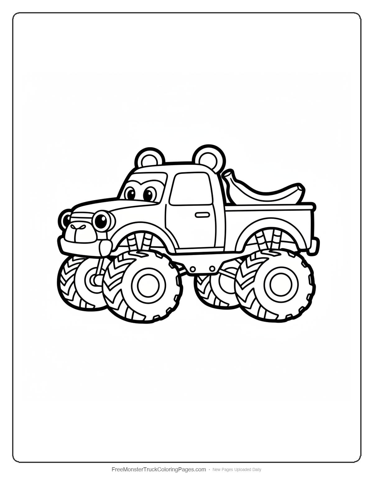 Black and white coloring page of a simple cute monster truck with gorilla ears, flat nose, and a banana in the bed