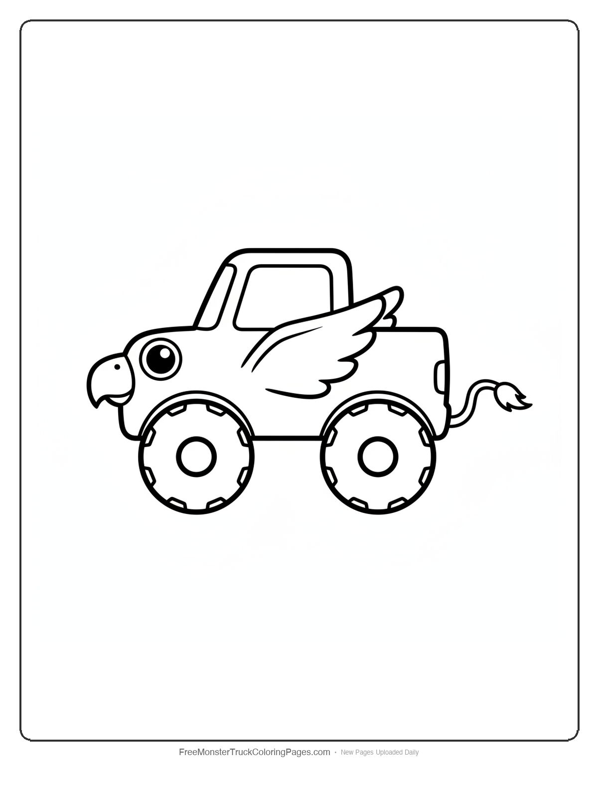 Black and white coloring page of a simple cute monster truck with a small eagle beak, little wings on sides, and a lion tail on back