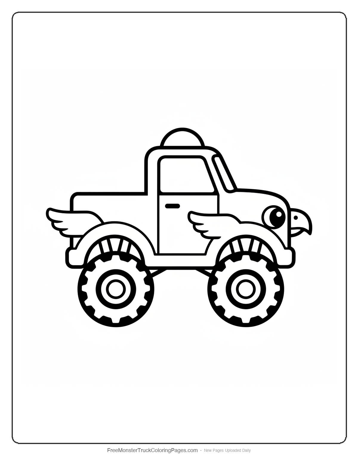 Black and white coloring page of a simple cute monster truck with a small curved beak on the front and tiny wing shapes on the fenders