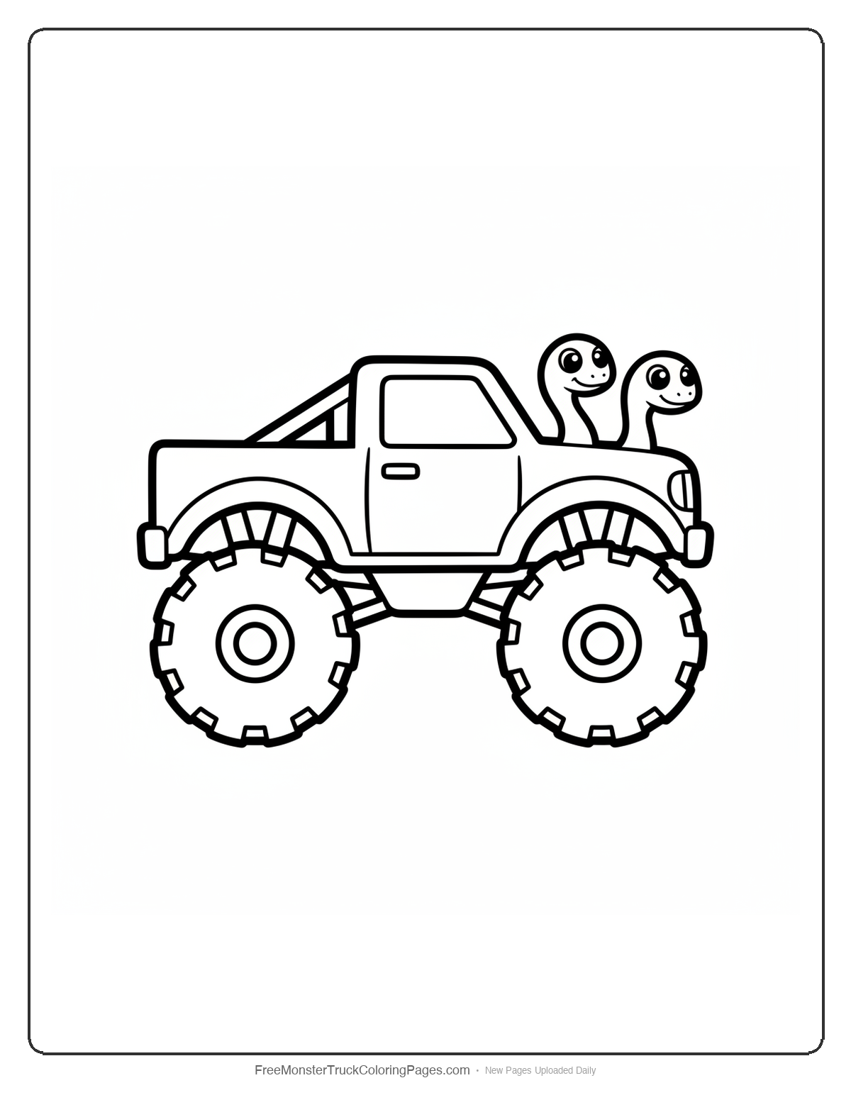 Black and white coloring page of a simple cute monster truck with two small friendly snake heads with big eyes on the hood