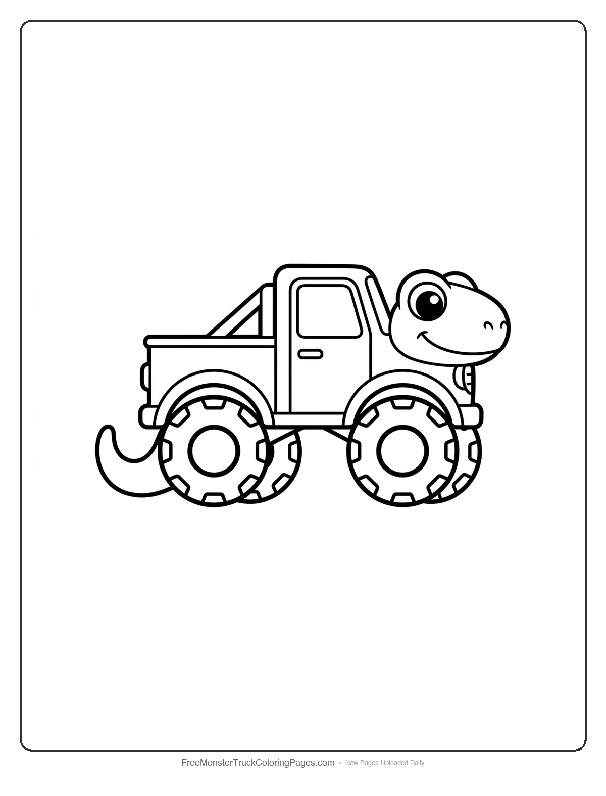Black and white coloring page of a simple cute monster truck with a small lizard head on the hood and a long tail bumper