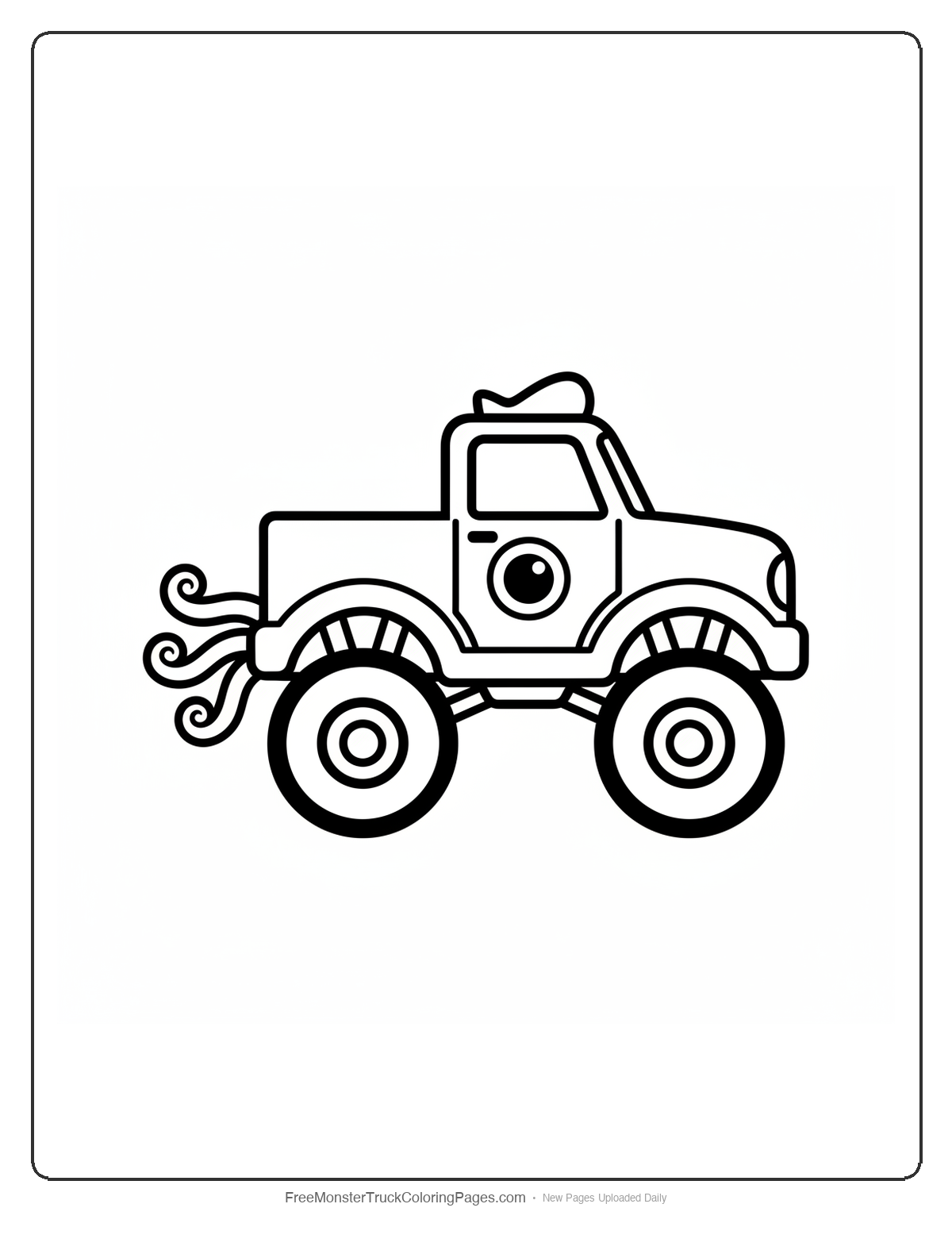 Black and white coloring page of a simple cute monster truck with small tentacles as bumper, big round eye on hood, and tiny fin on roof