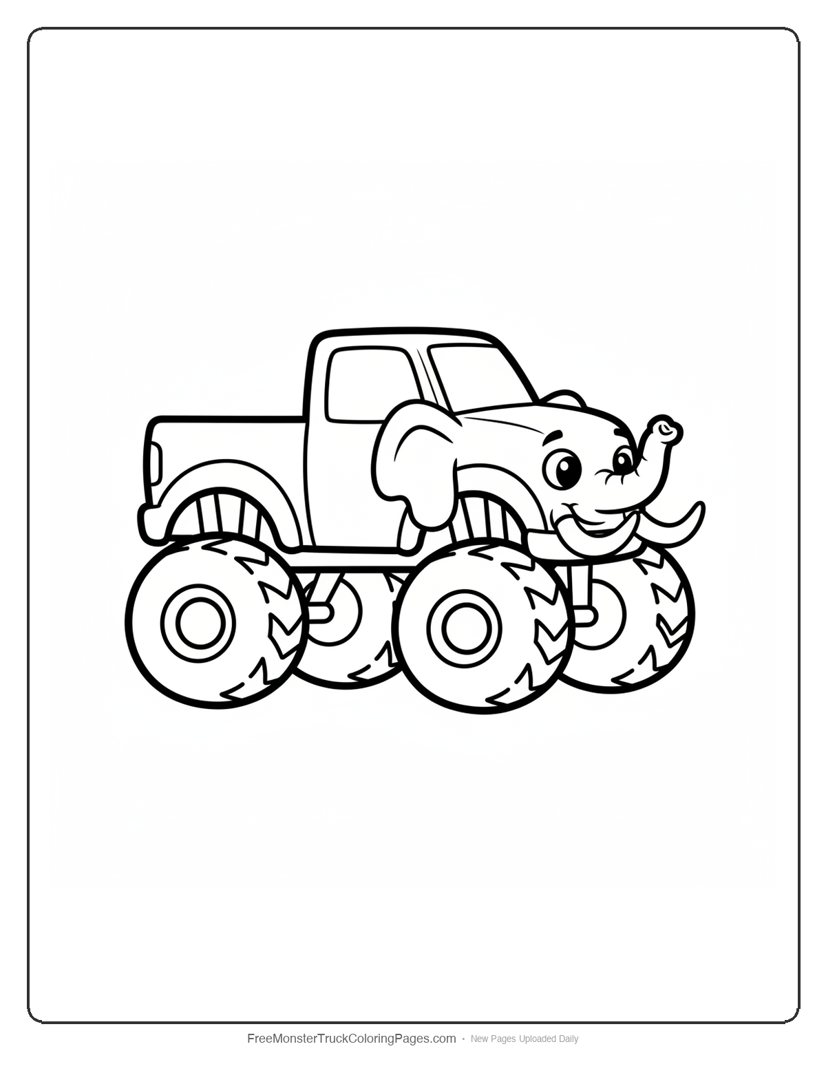Black and white coloring page of a simple cute monster truck with small tusks, floppy ear fenders, big round eyes, and a short trunk