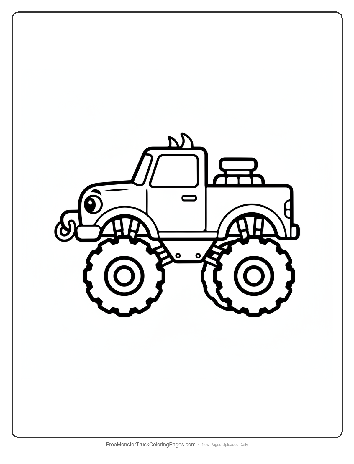 Black and white coloring page of a simple cute monster truck with small curving horns, a nose ring on the bumper, and big friendly eyes