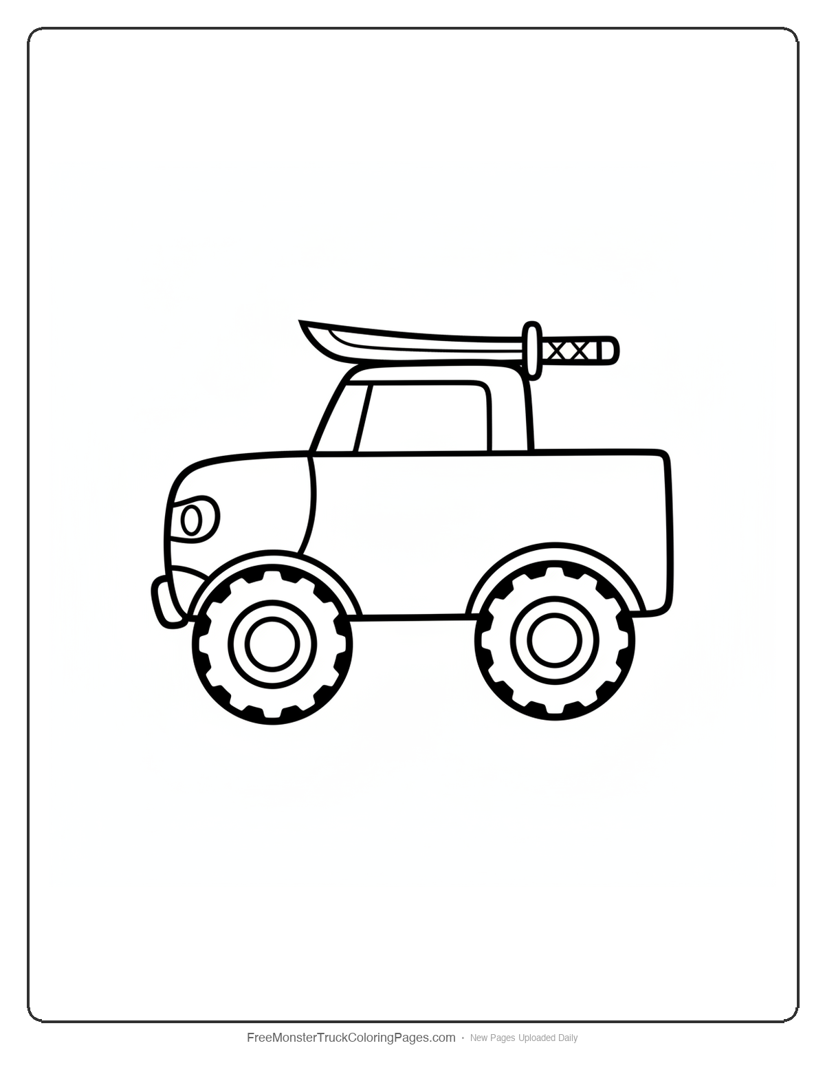 Black and white coloring page of a simple cute monster truck with a ninja mask over the headlights and a small sword on the roof