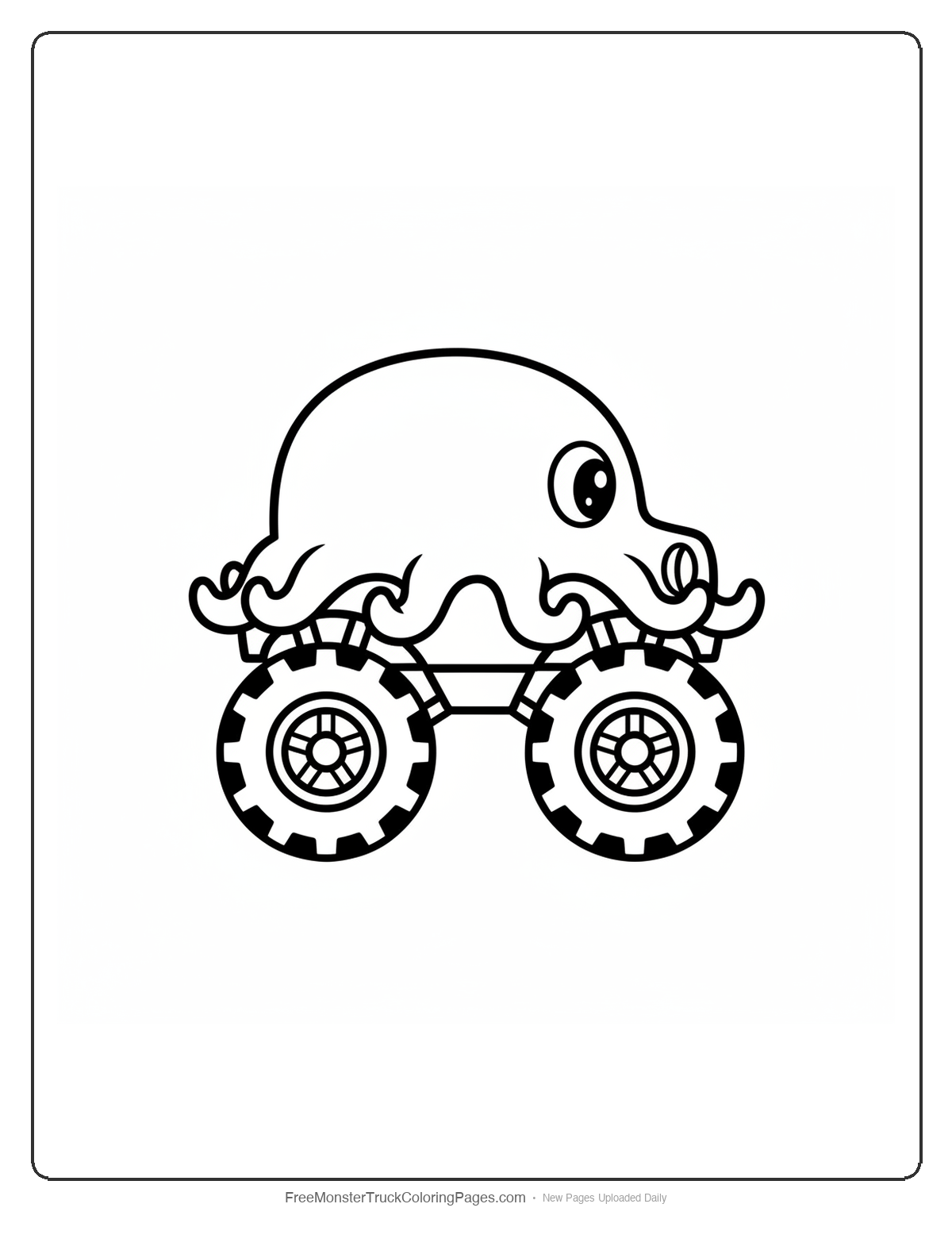 Black and white coloring page of a simple cute monster truck with a round octopus head cab and small tentacle bumper
