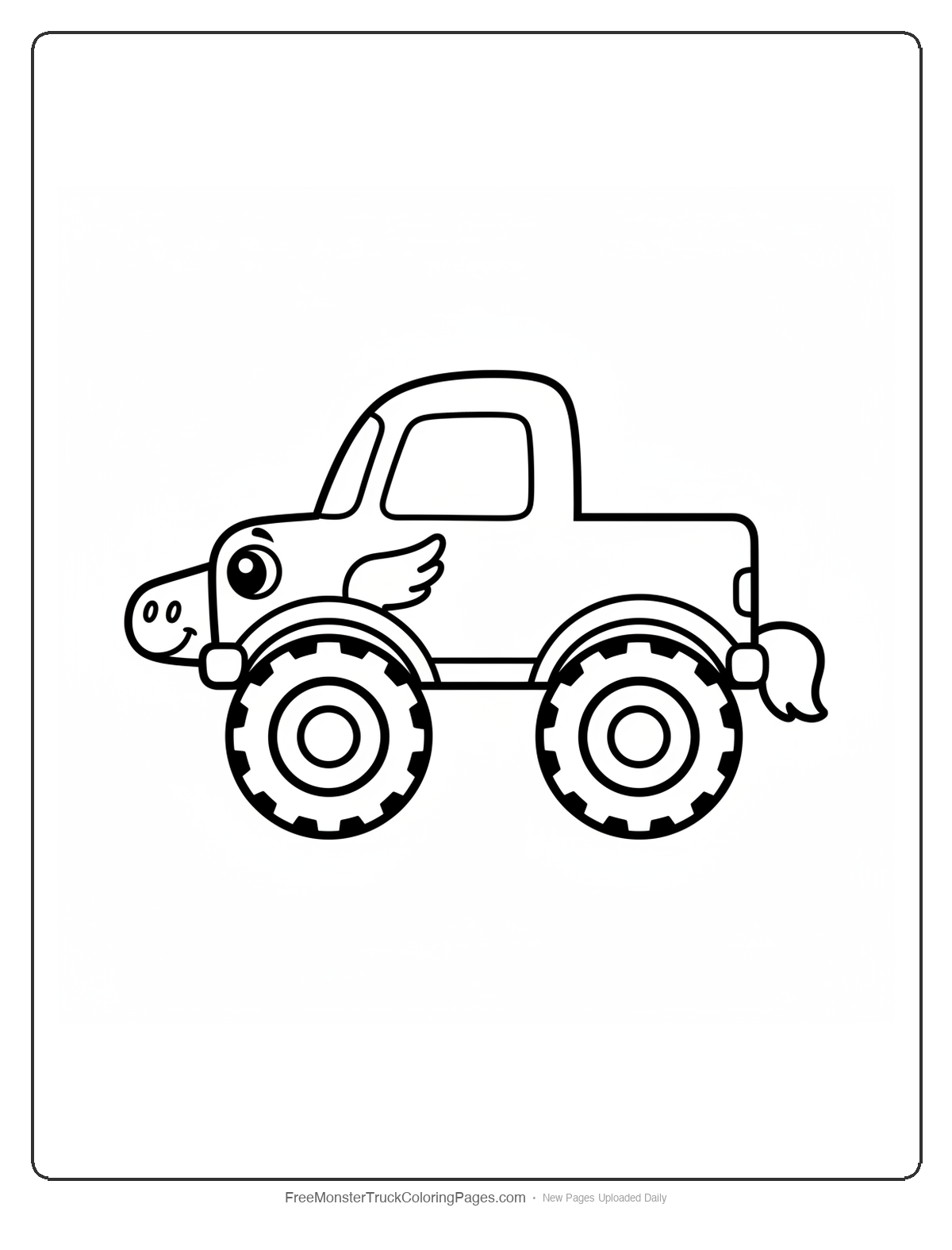 Black and white coloring page of a simple cute monster truck with small wings on the fenders and a horse nose on the front