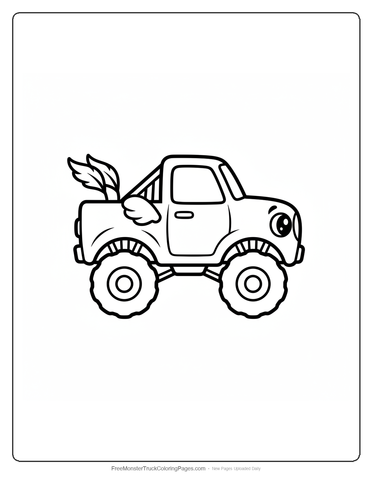Black and white coloring page of a simple cute monster truck with small flame tail feathers and tiny wings on the sides