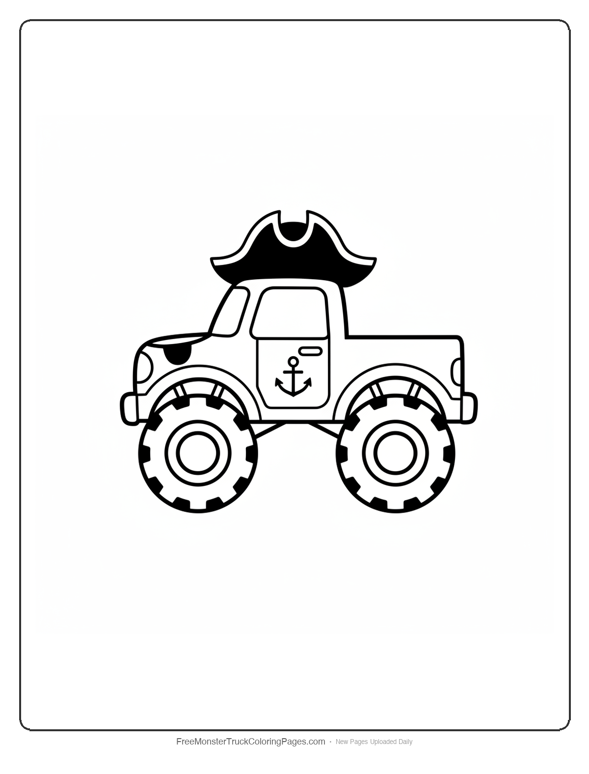 Black and white coloring page of a simple cute monster truck with a pirate hat on the roof and eye patch over one headlight