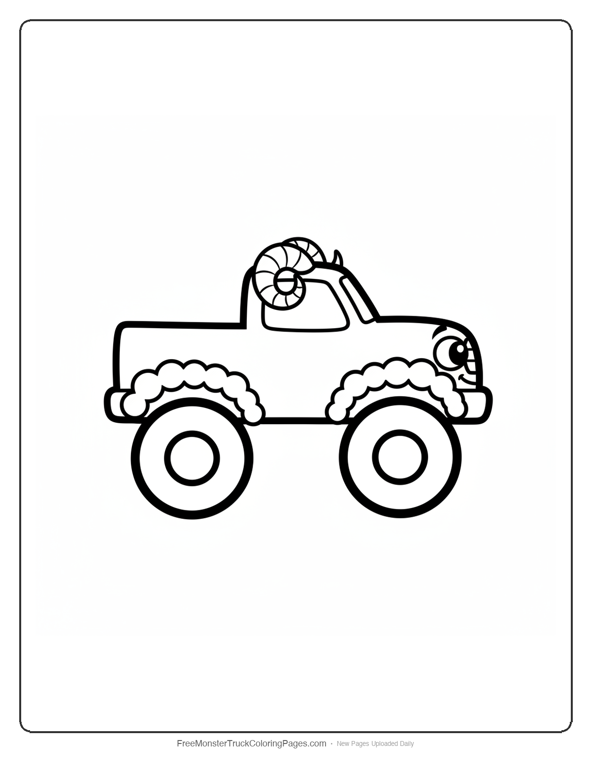 Black and white coloring page of a simple cute monster truck with two small curling horns on the roof and fluffy fender edges