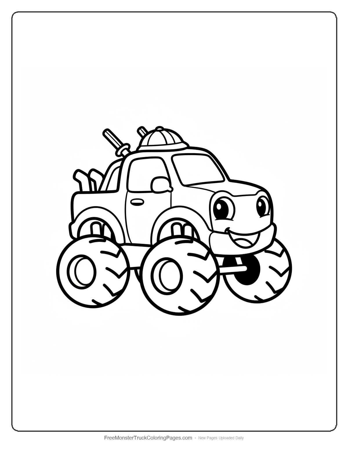 Black and white coloring page of a simple cute monster truck with a small samurai helmet on the roof and two tiny sword antennas