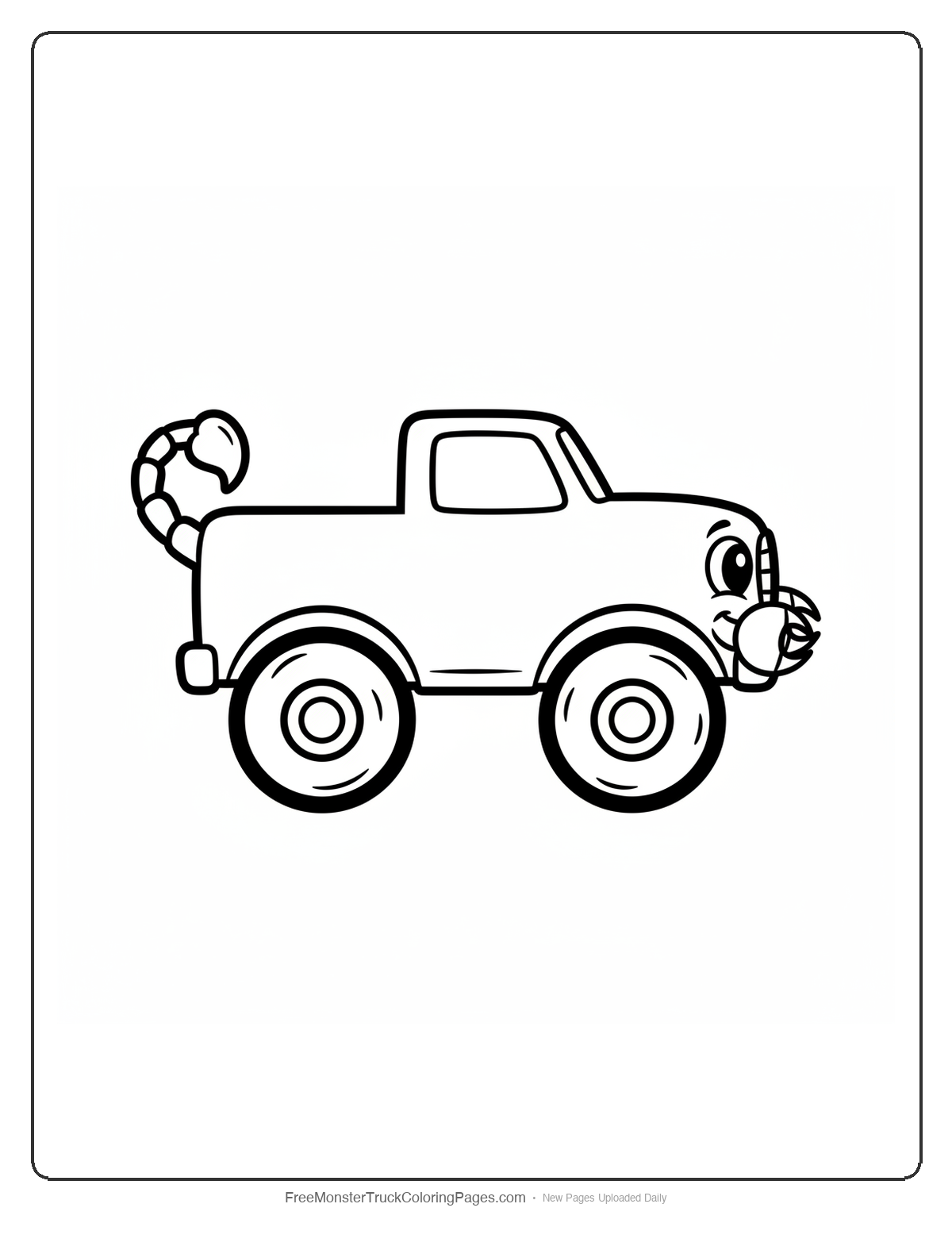 Black and white coloring page of a simple cute monster truck with a small curved scorpion tail on back and tiny pincers on bumper