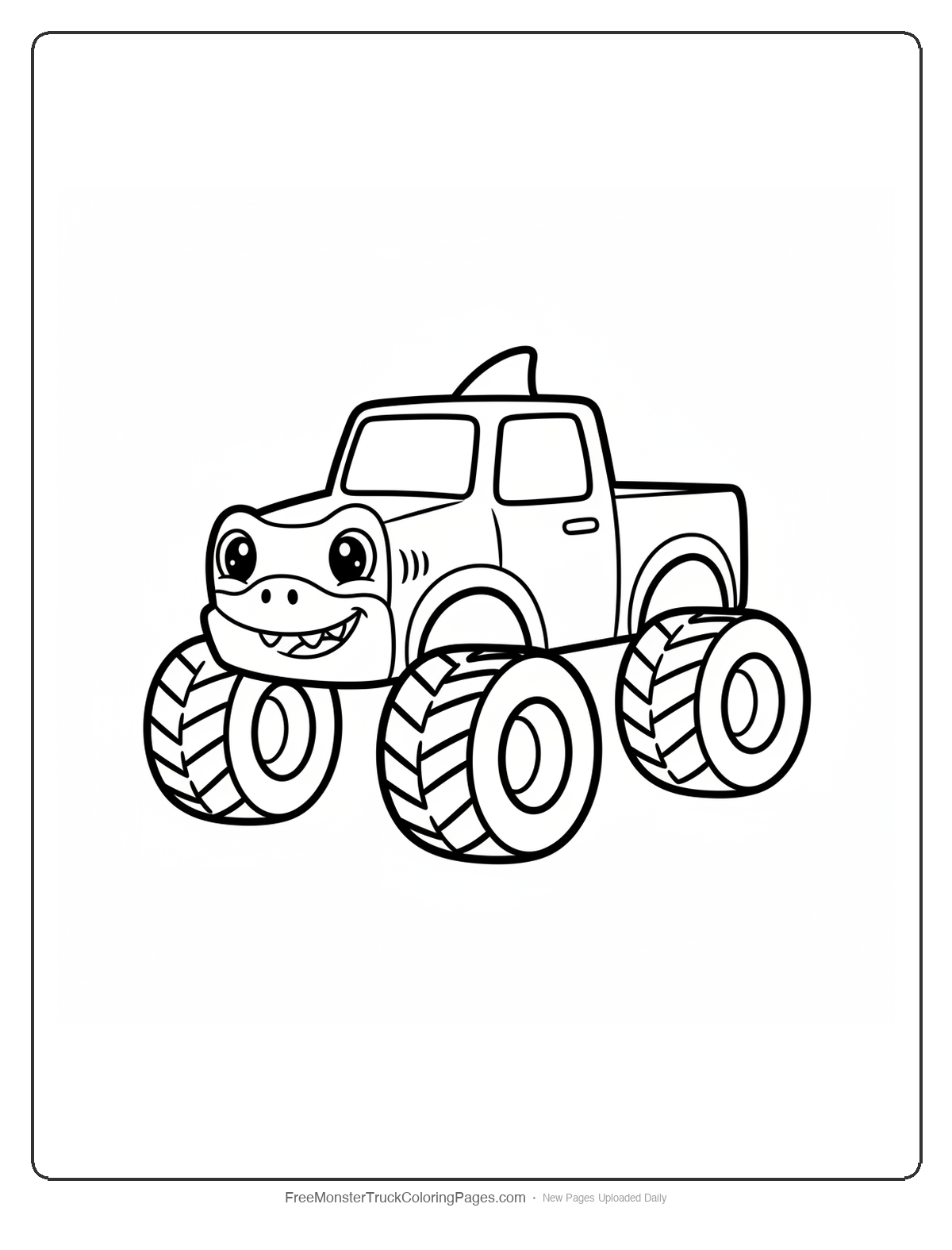 Black and white coloring page of a simple cute cartoon monster truck with a friendly baby shark face