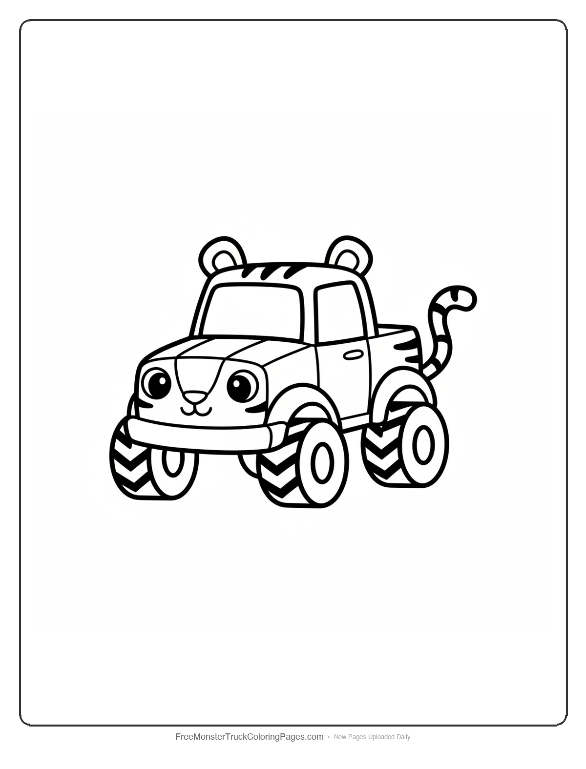 Black and white coloring page of a simple cute monster truck shaped like a baby tiger with round ears and a tail
