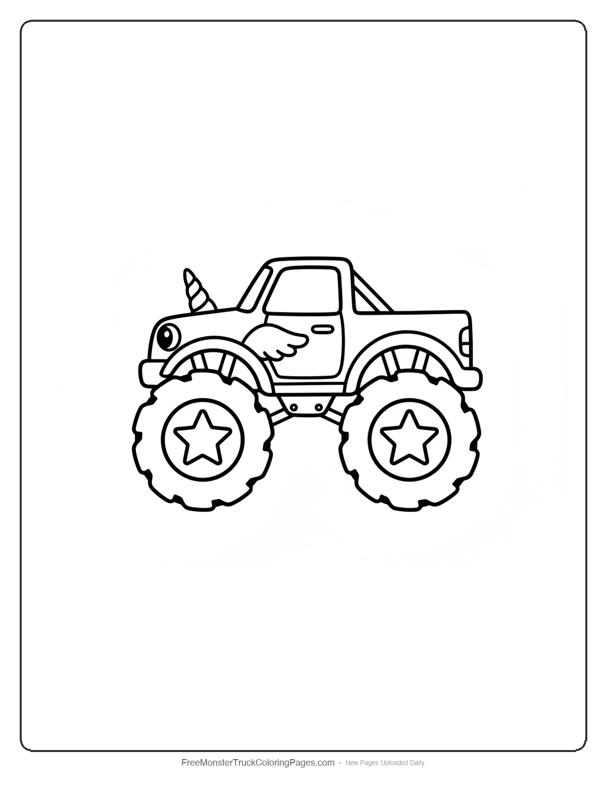 Black and white coloring page of a simple cute monster truck with a small spiral horn on the hood, star hubcaps, and wings on the fenders