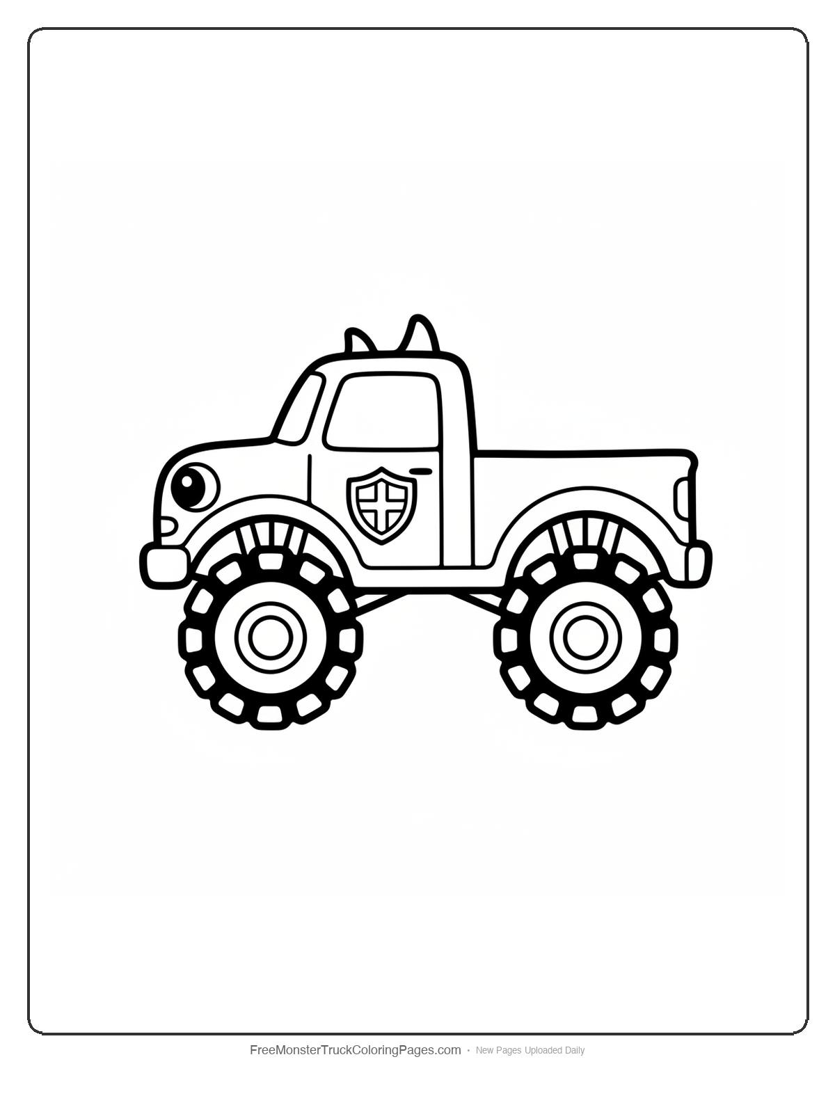 Black and white coloring page of a simple cute monster truck with tiny horns on the roof, a round shield on the door, and big friendly eyes