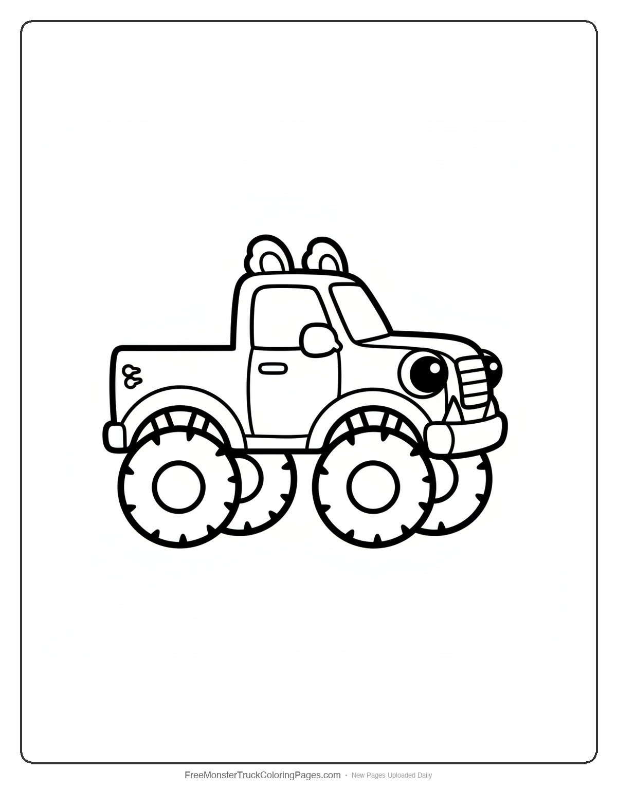 Black and white coloring page of a simple cute monster truck with fluffy ears on roof, tiny fangs on bumper, and claw mirrors