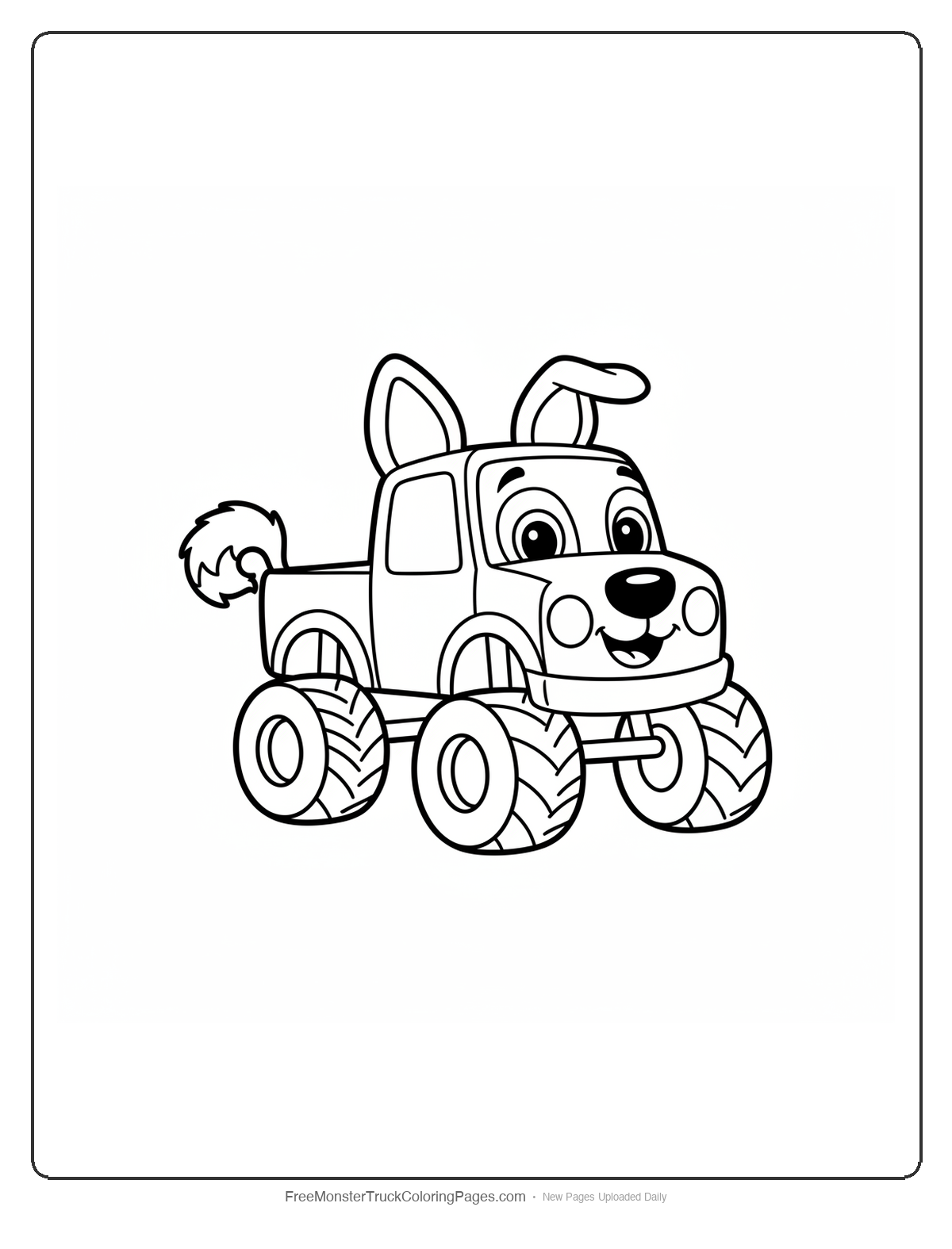 Black and white coloring page of a simple cute cartoon monster truck with a friendly wolf puppy face