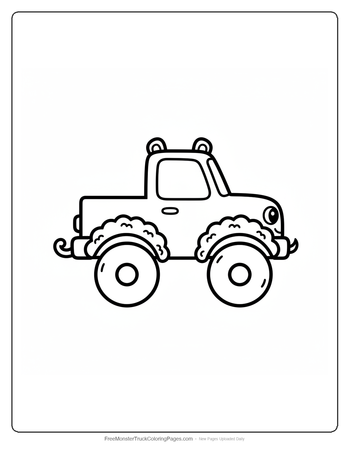 Black and white coloring page of a simple cute monster truck with small round ears on the roof and tiny claws on the bumper