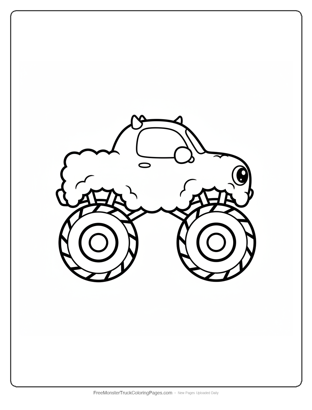 Black and white coloring page of a simple cute monster truck with big yeti eyes, tiny horns on roof, and mitten shaped mirrors