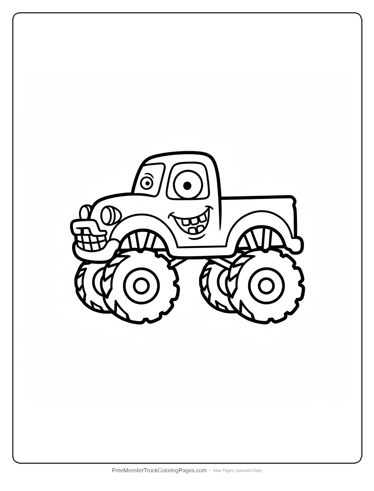 Black and white coloring page of a simple cute monster truck with mismatched zombie eyes, crooked grin bumper, and bolts on fenders
